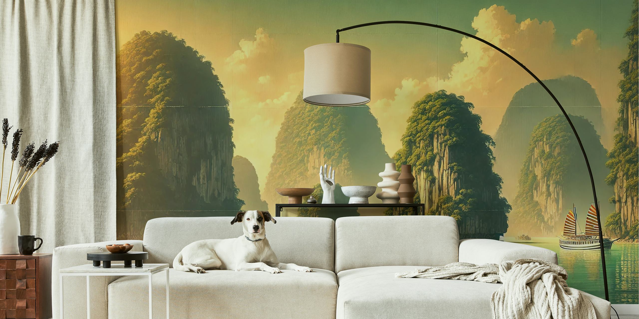 Ha Long Bay landscape with rocky formations and boats in green and blue wallpaper