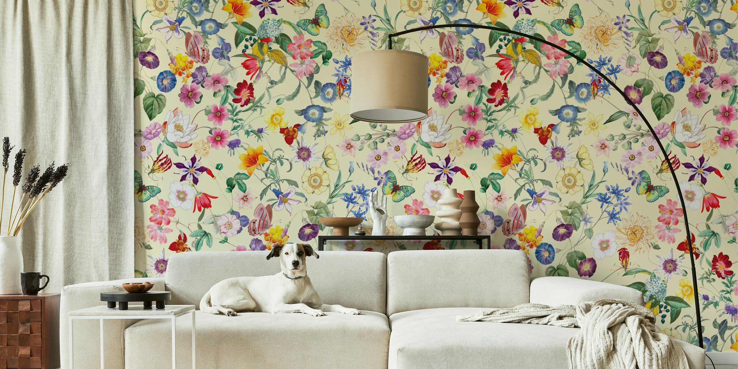 Colorful floral patterns featuring various flowers and butterflies on a light background wallpaper