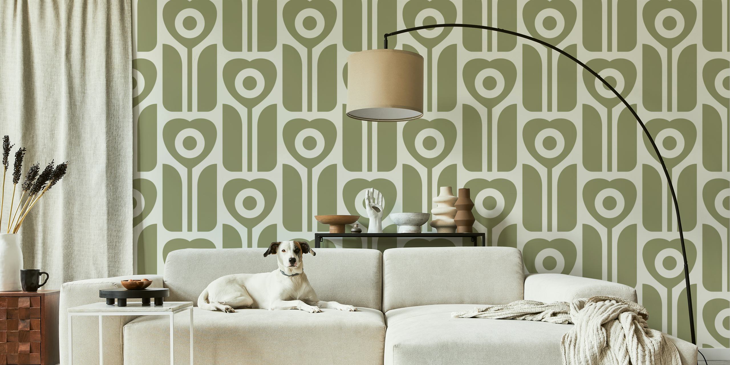 Carta da parati Geometric retro tulips sage in una stanza
