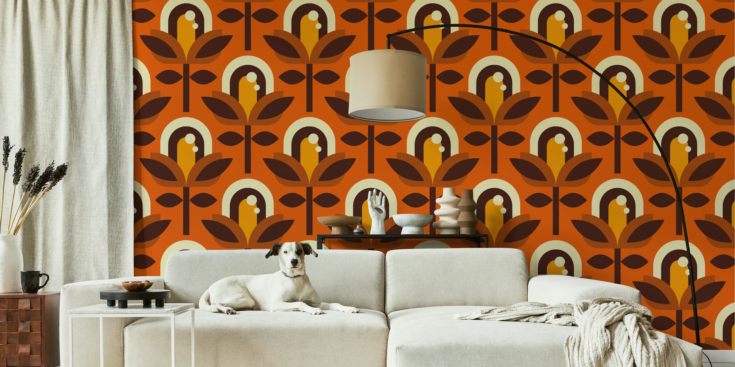 Retro floral pattern in brown and orange colors wallpaper