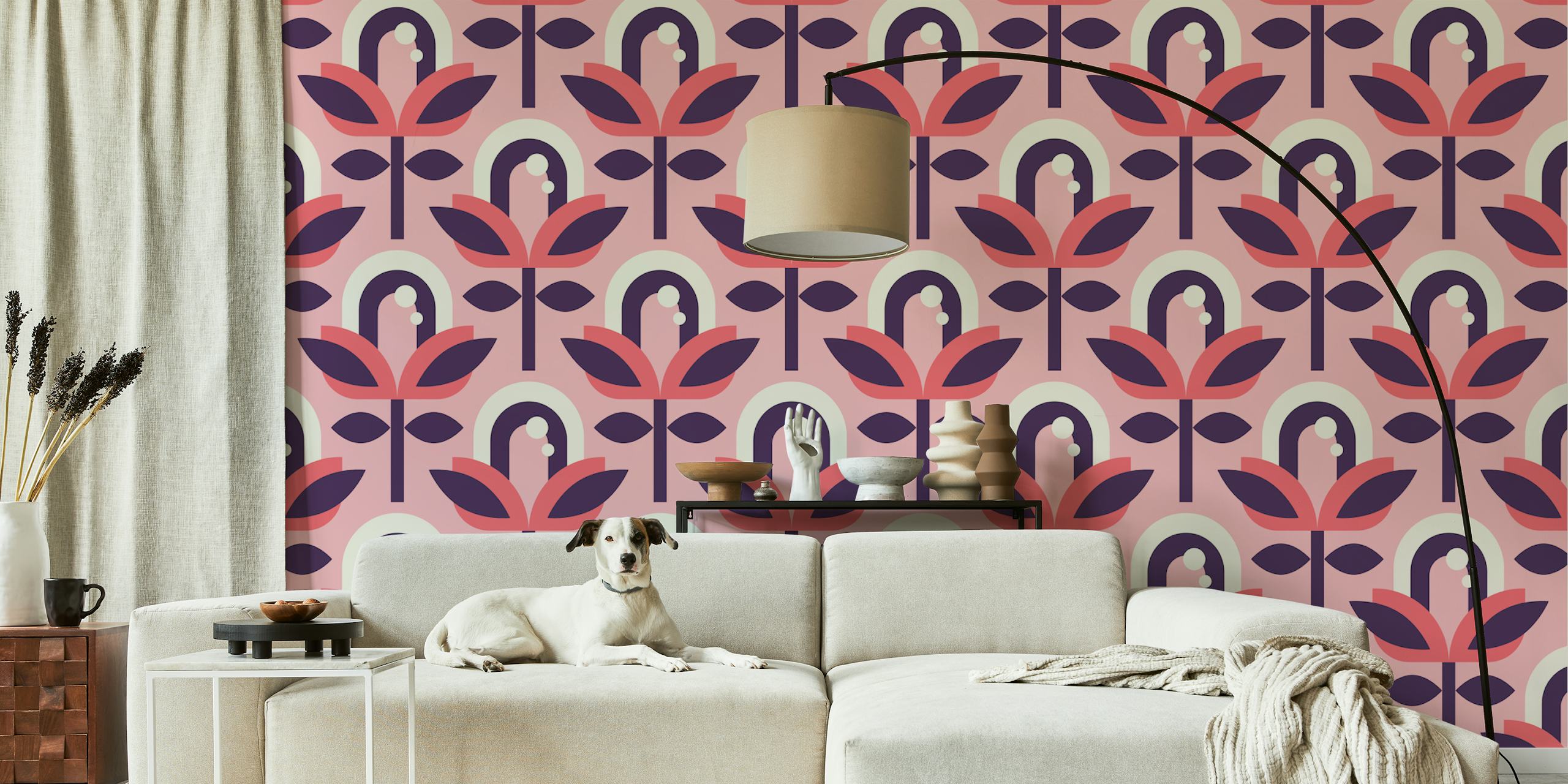 Stylized retro pink flower wallpaper in a room