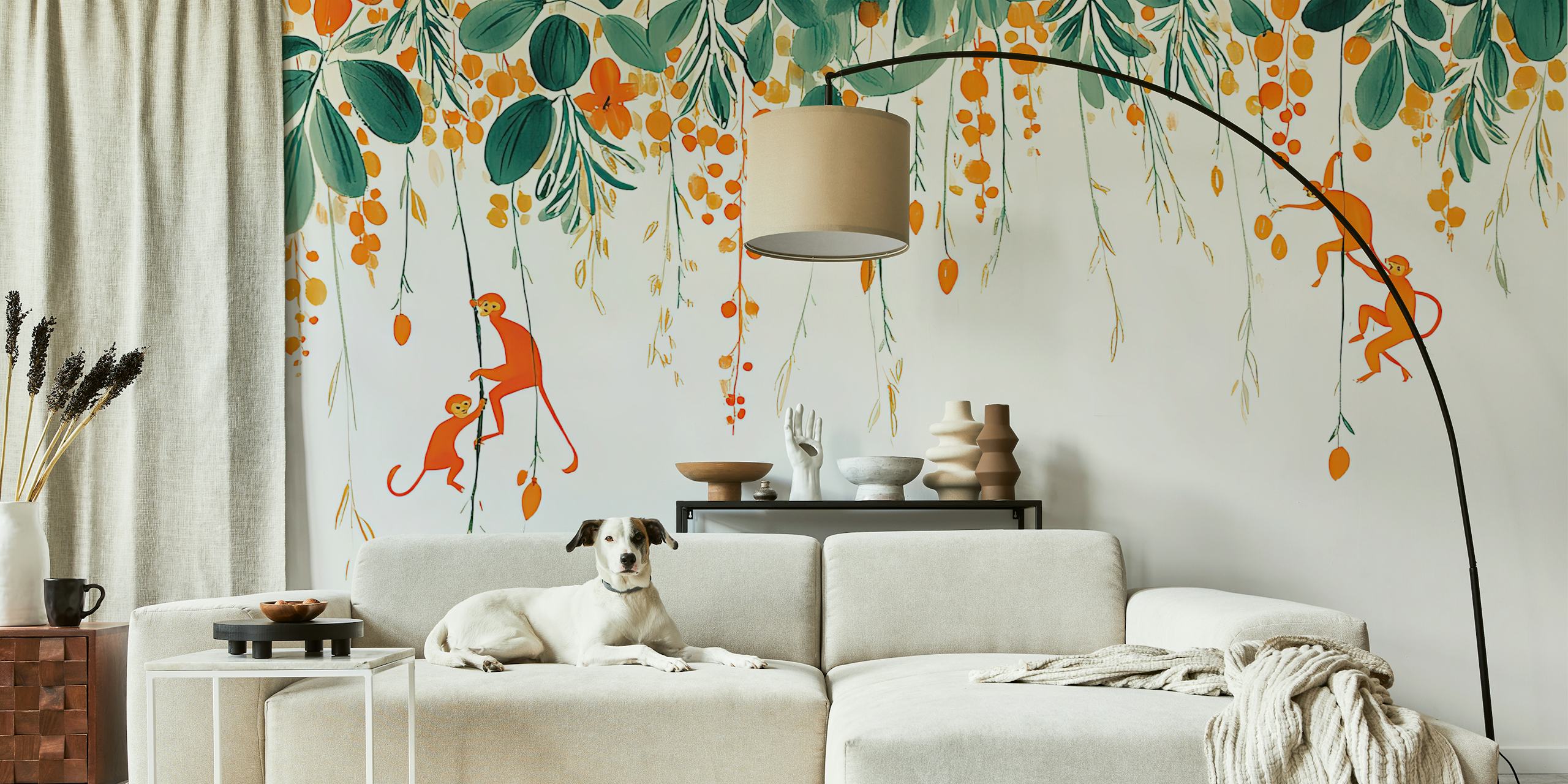 Orange monkeys climbing on green leaves wallpaper