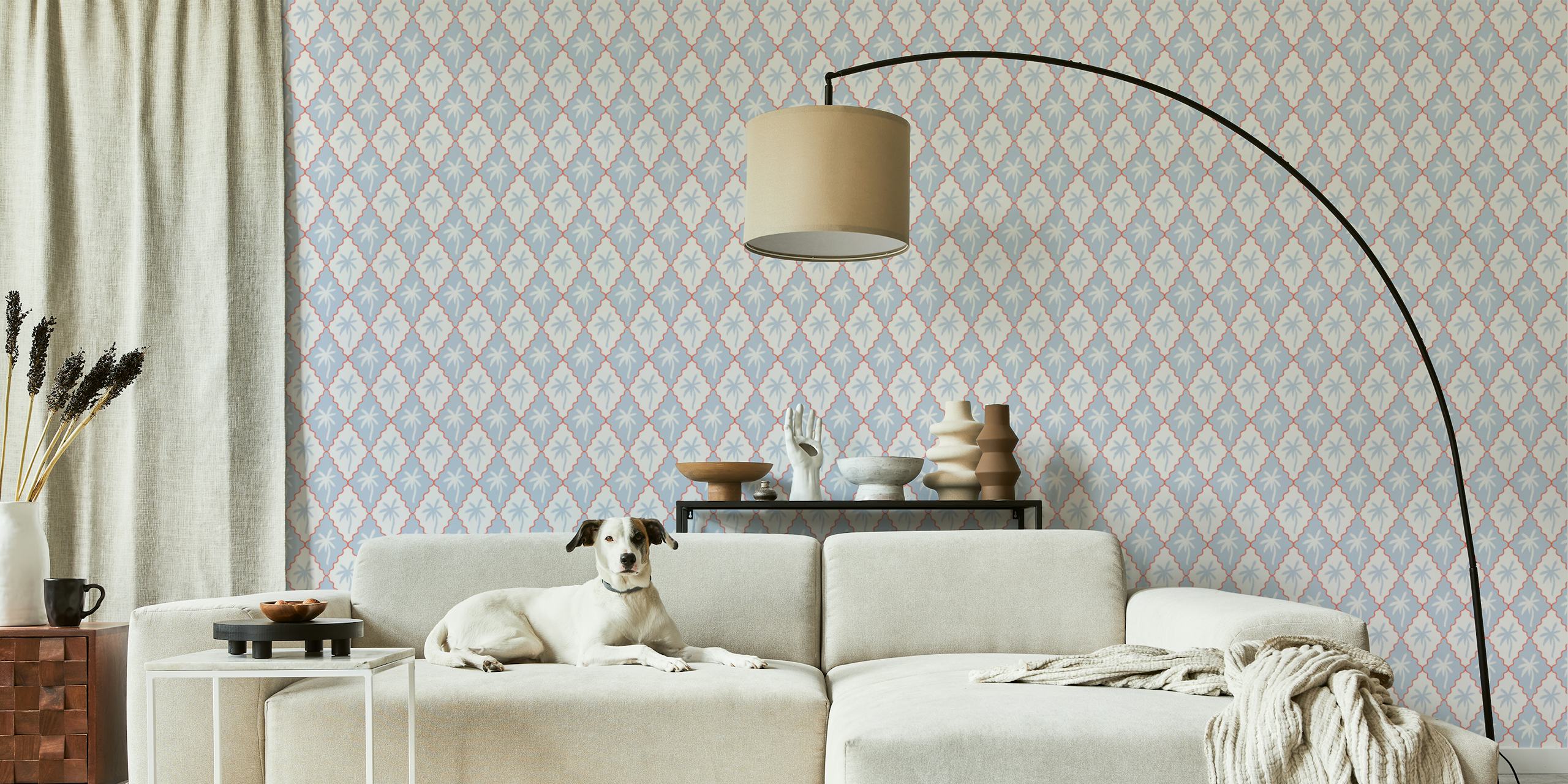 Scalloped diamonds with palms wallpaper in room
