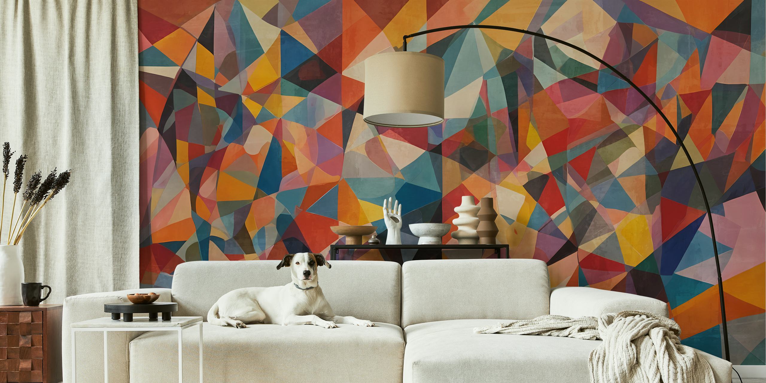 Colorful geometric shapes in shades of red, blue, and yellow wallpaper
