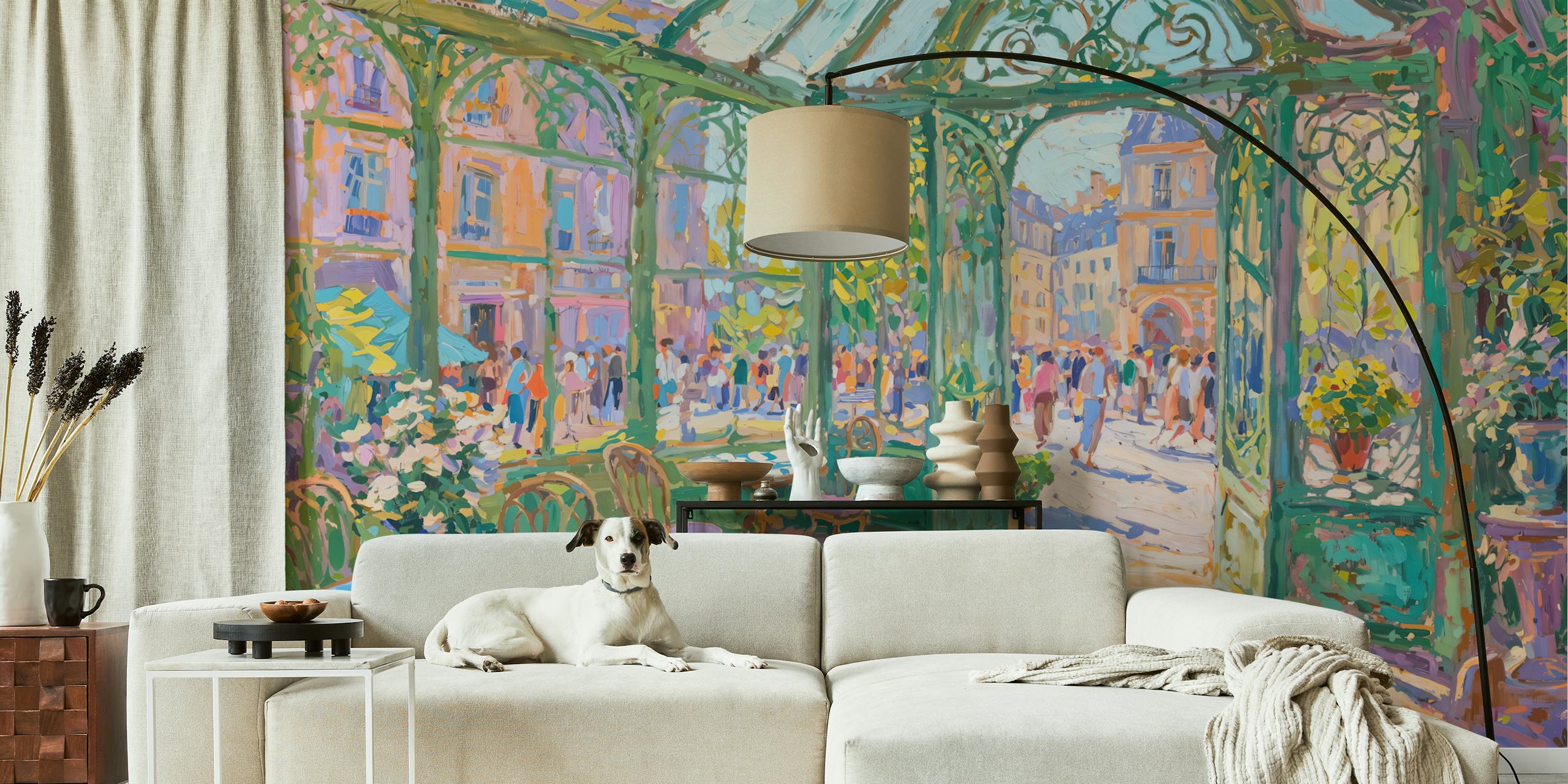 Pastellfarbene Darstellung einer Café-Szene mit Blumen, bunt bekleideten Menschen und grünem Rahmen. Wallpaper