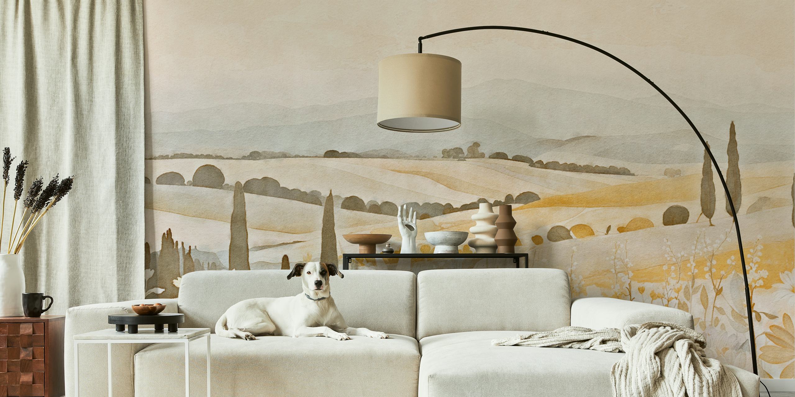 Soft landscape with hills and flowers in beige pastel colors wallpaper