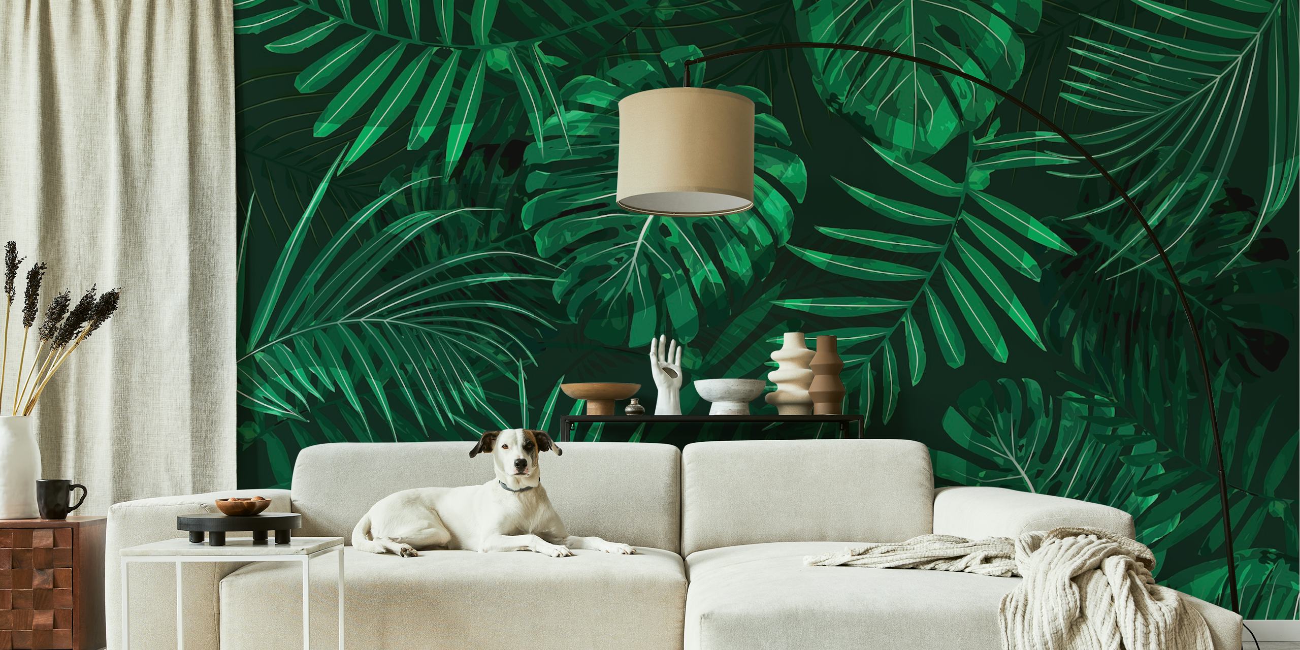 Tropical Monstera palm leaves in various shades of green wallpaper