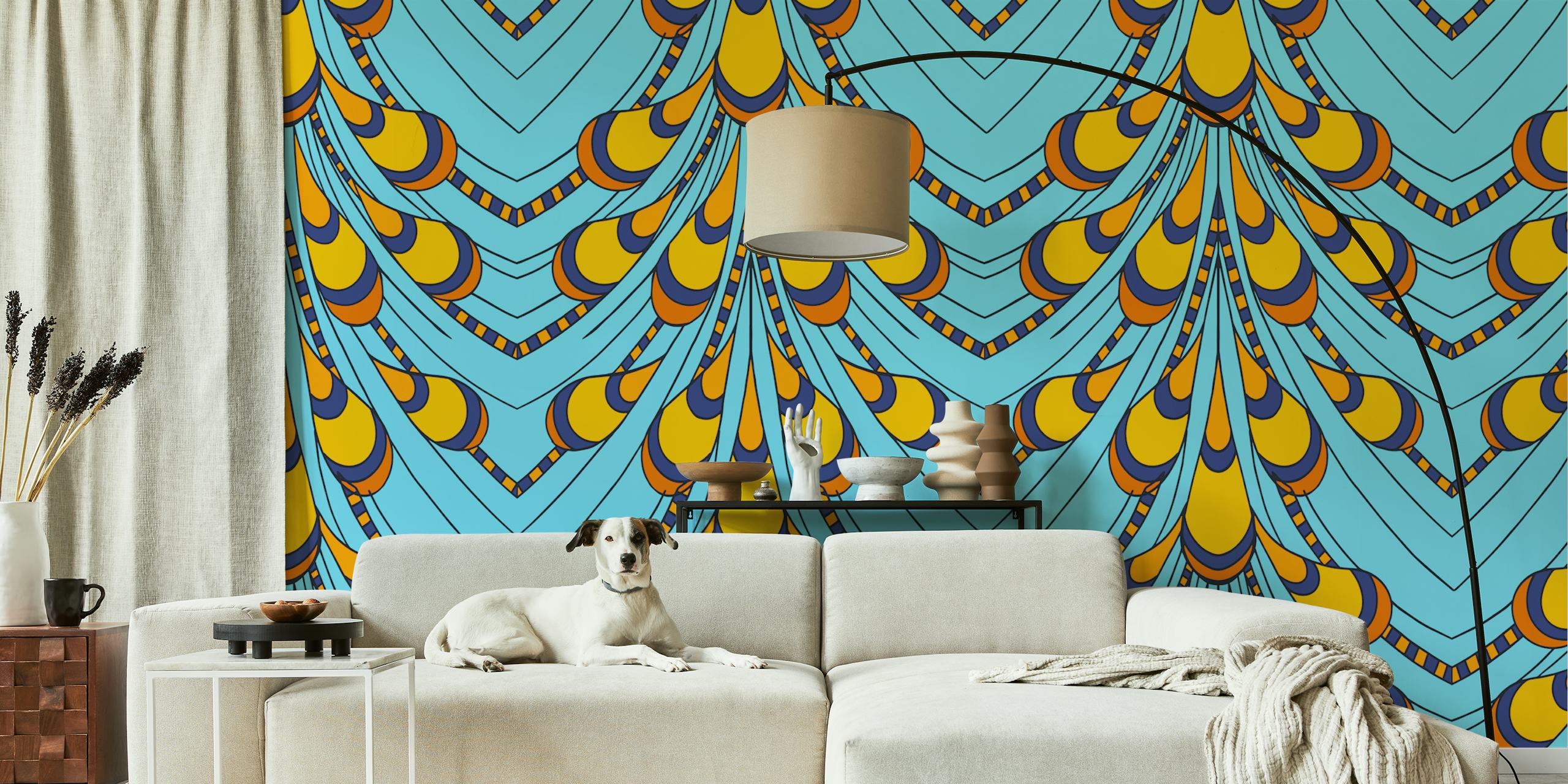 Blue and yellow peacock feather pattern wallpaper