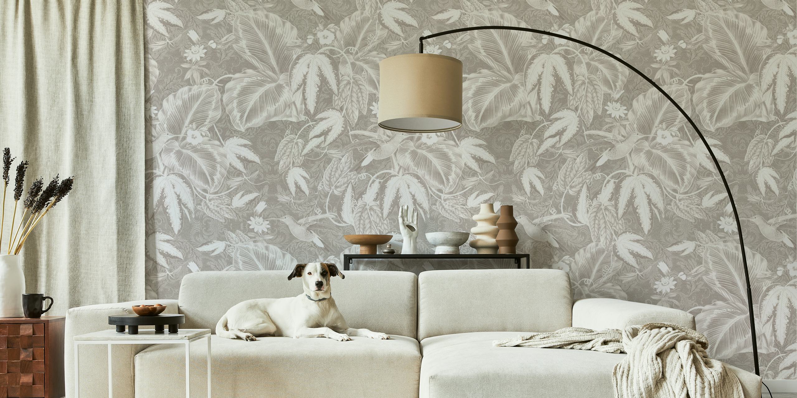 Vintage botanical foliage and hummingbirds in beige wallpaper
