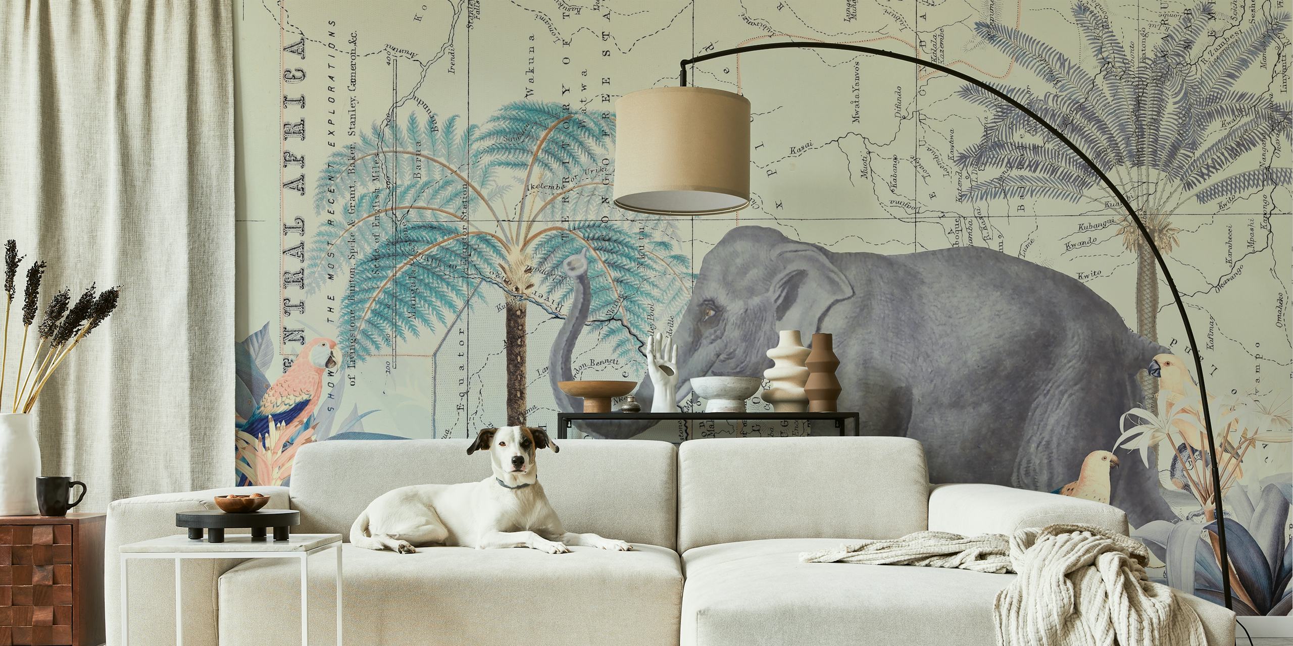 Elephant walking through palm trees and tropical foliage with a vintage map background wallpaper