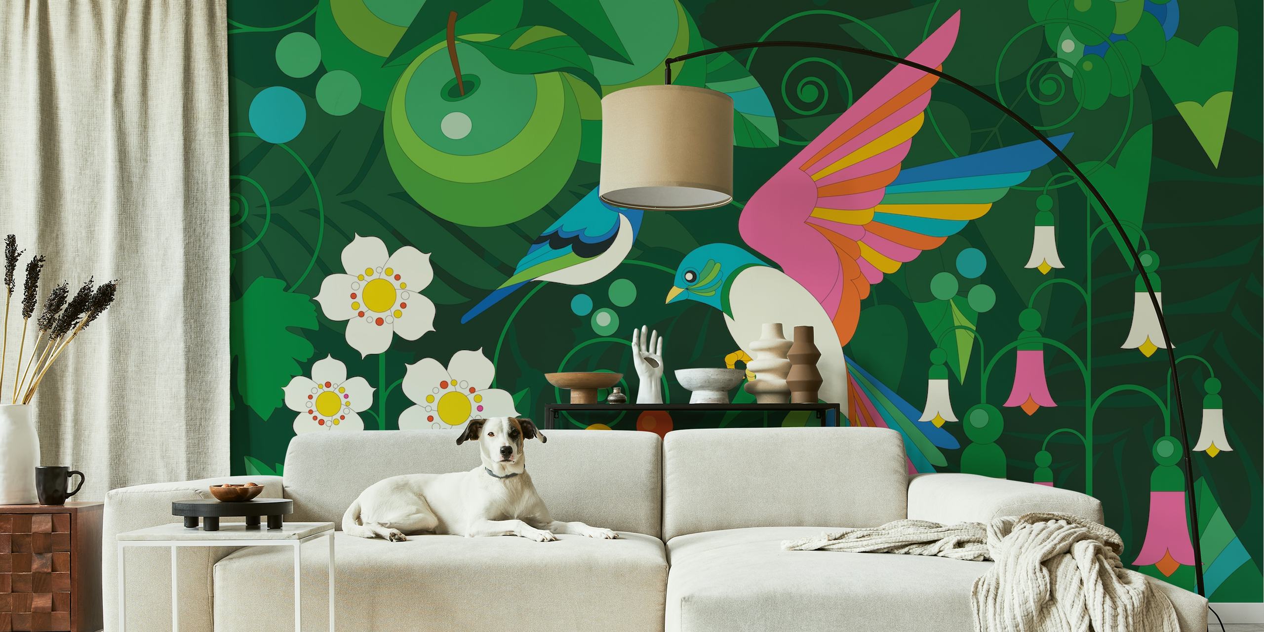Two colorful birds amidst green leaves and white flowers wallpaper