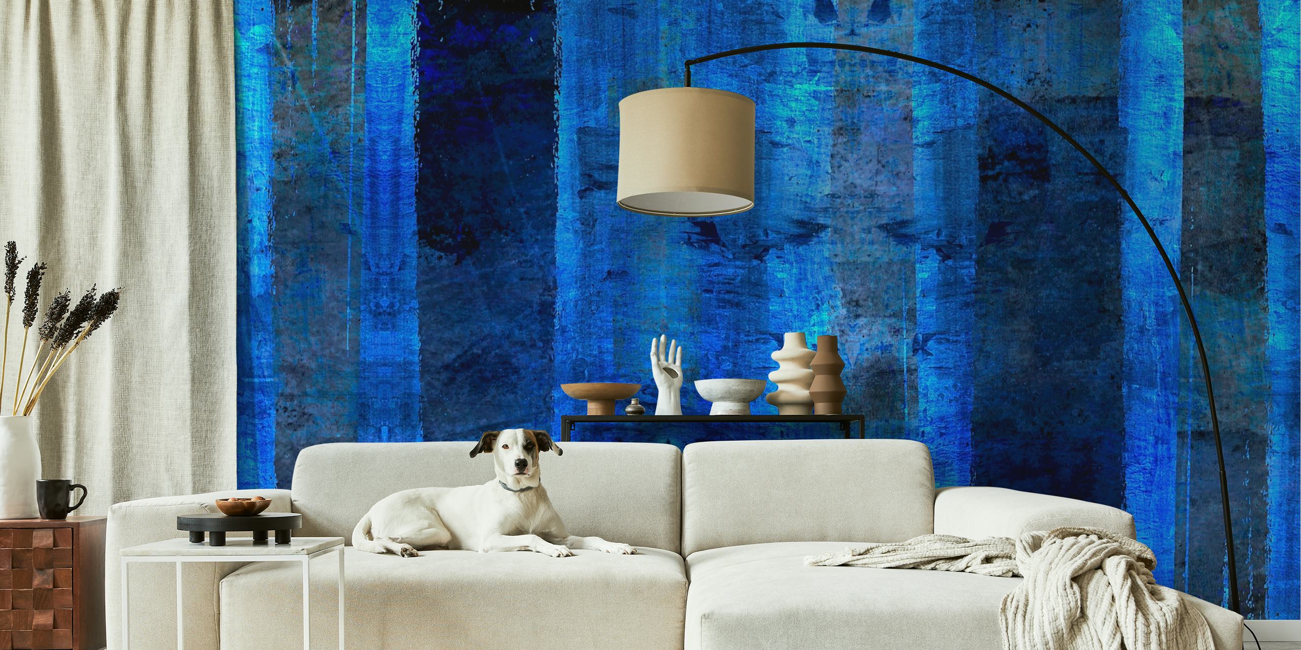 Ethereal indigo blue wall mural with abstract vertical streaks