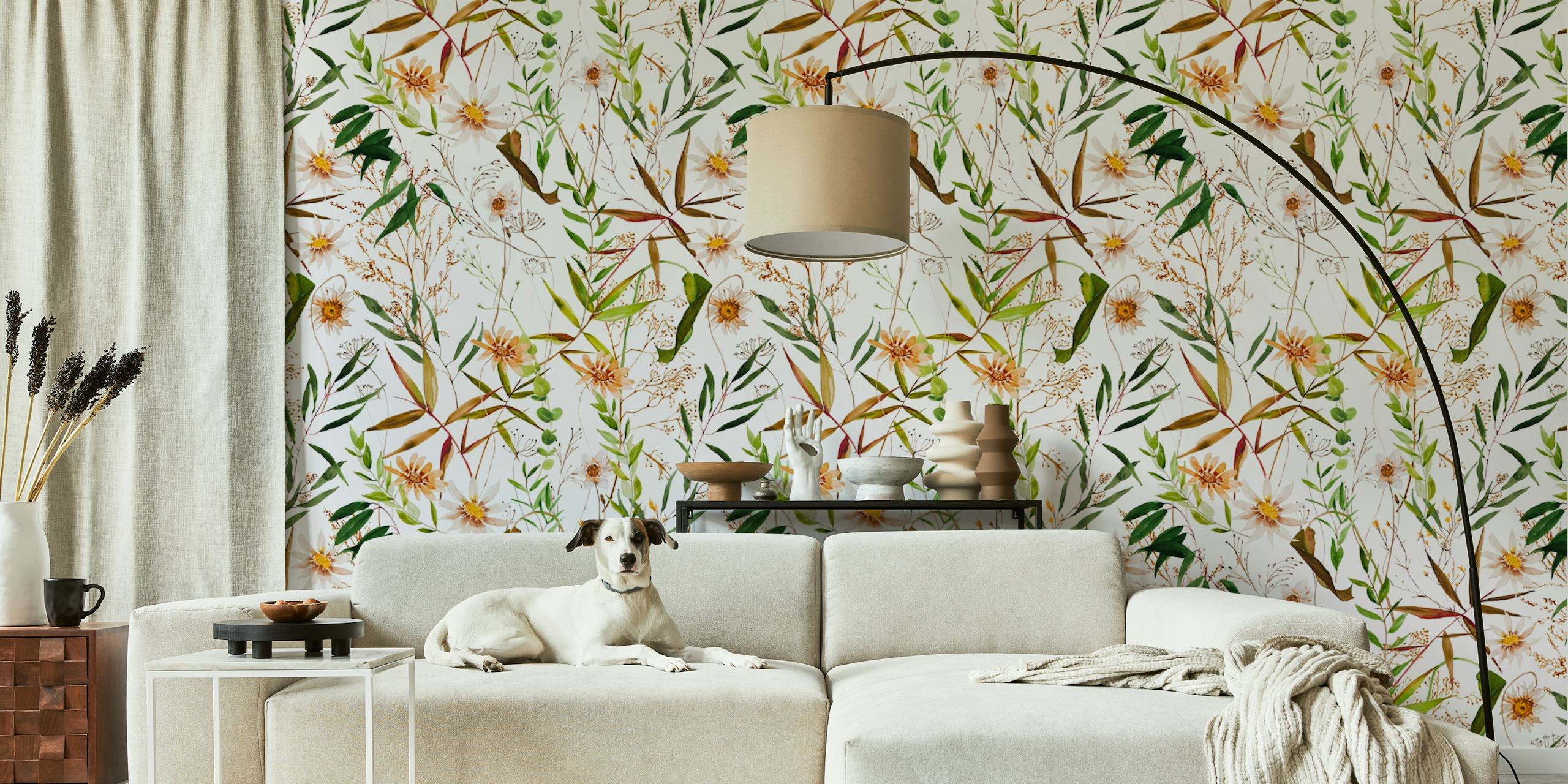 Botanical wallpaper featuring green leaves and white flowers