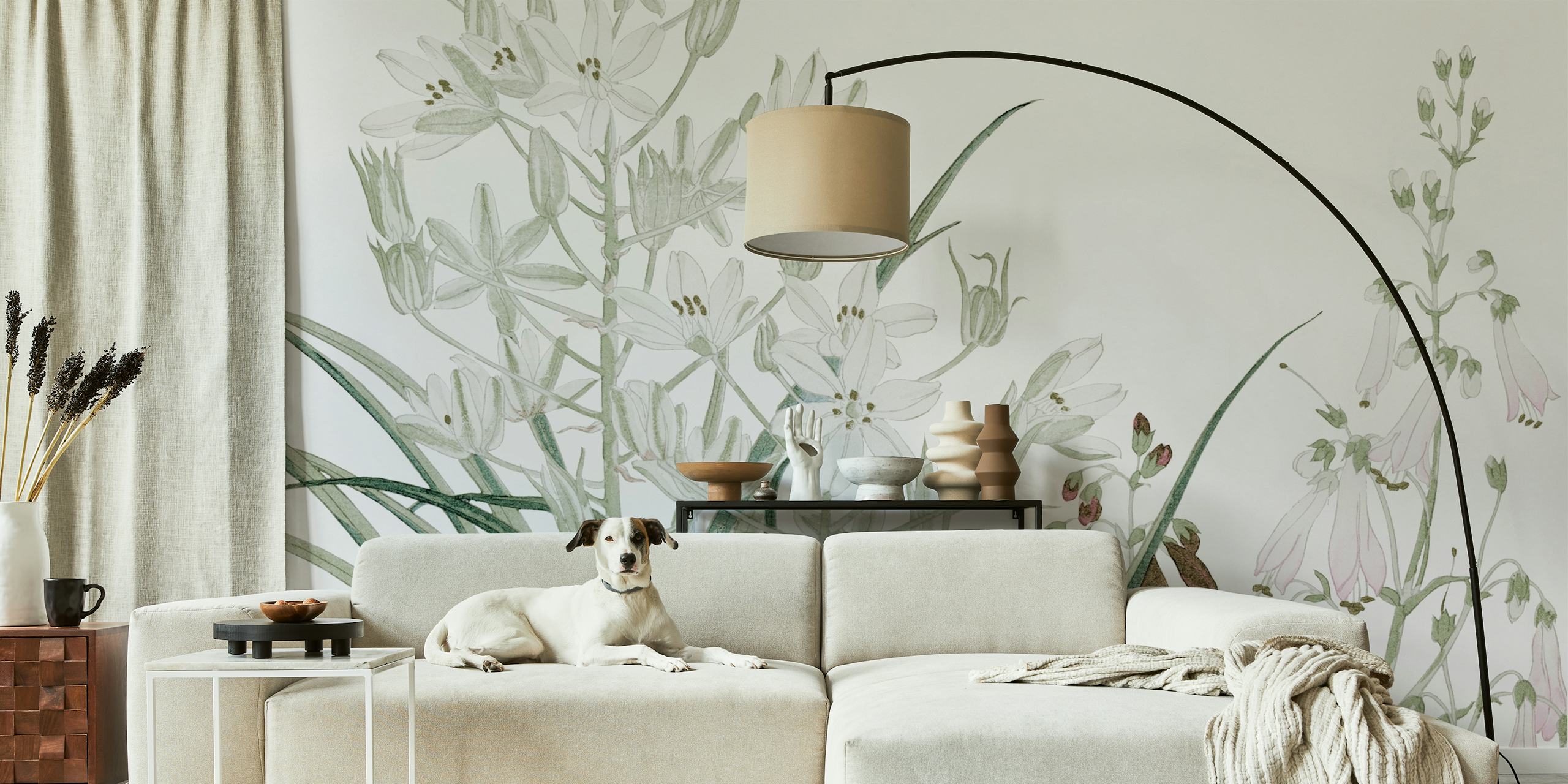 Jemná fototapeta Scandi Vintage Floral s pastelovými květinami a zelení