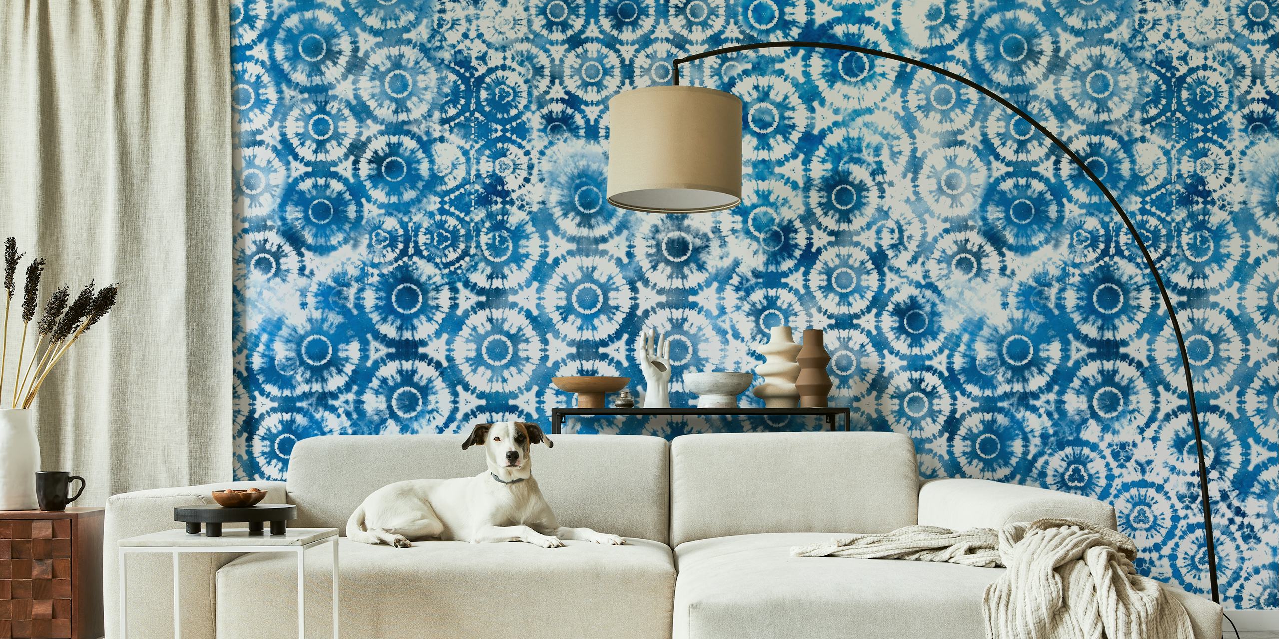 Shibori Tie Dye Blue White wall mural with intricate patterns and indigo hues.