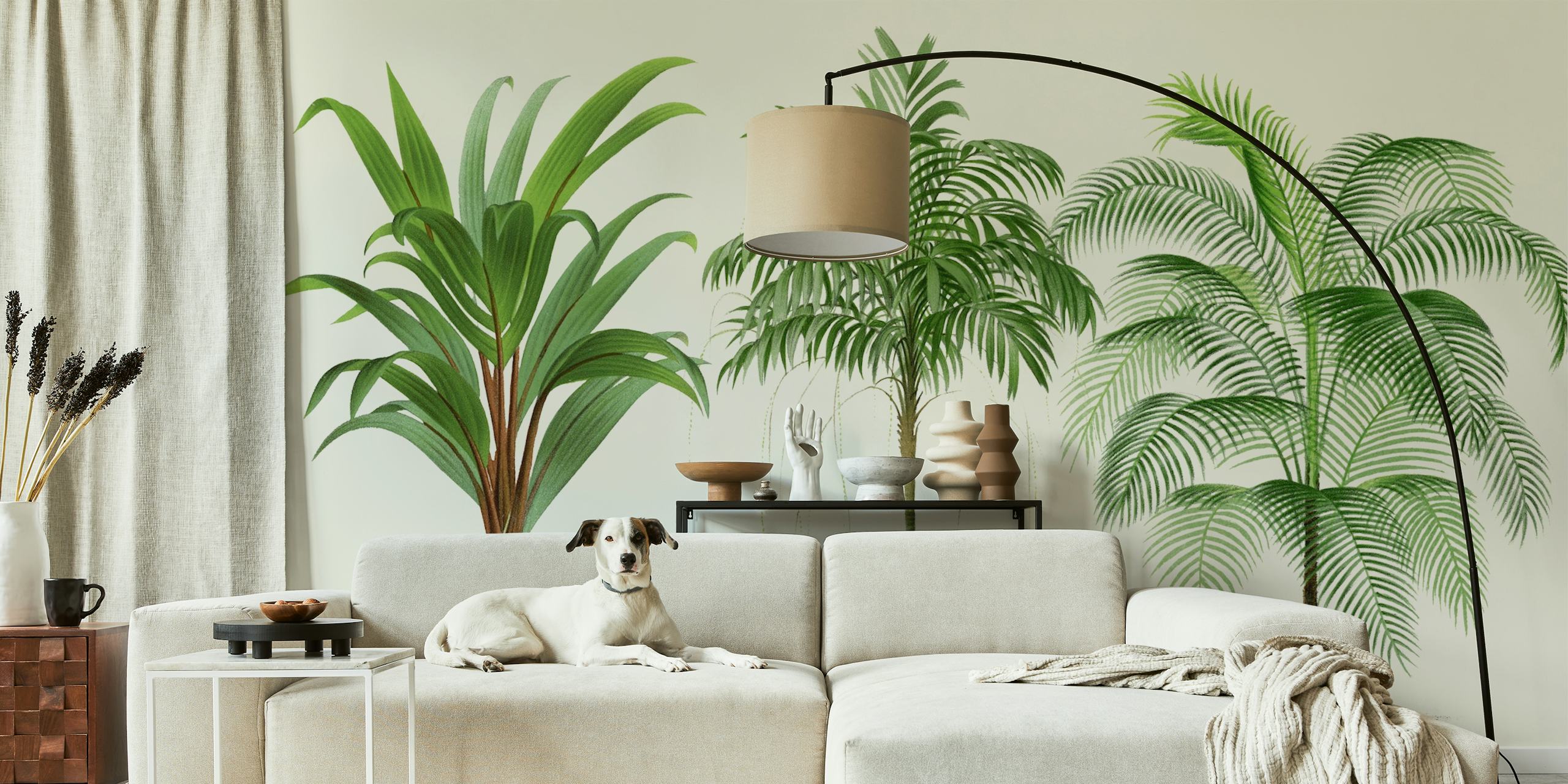 Three tropical palm plants in green shades wallpaper
