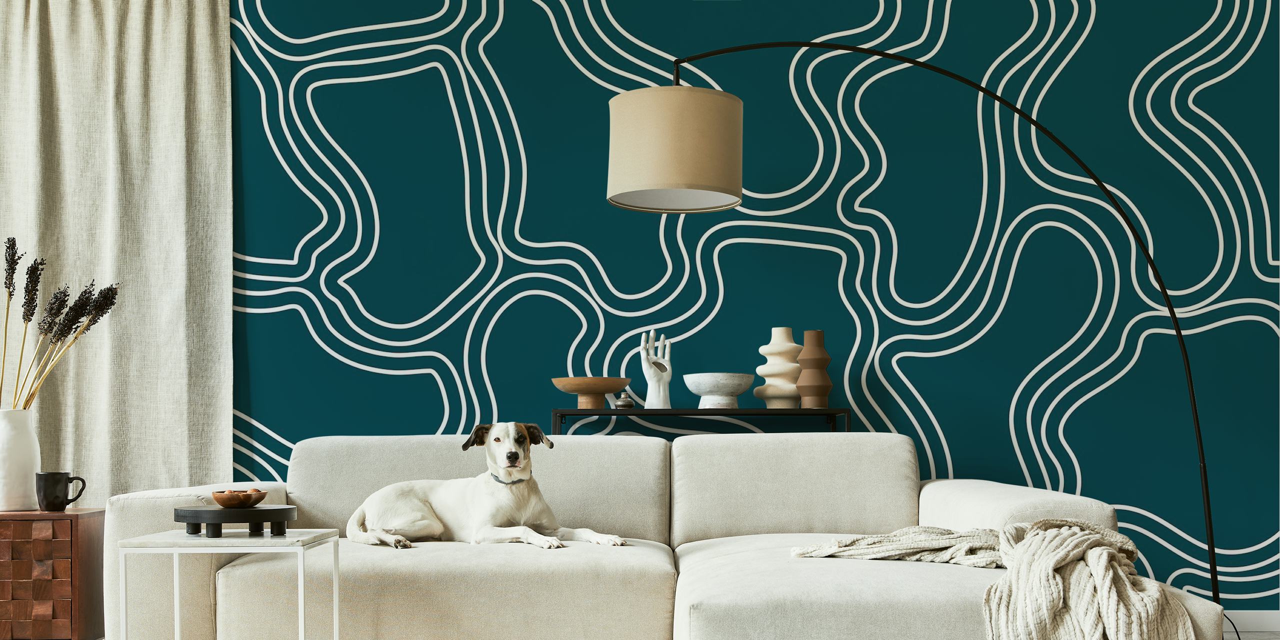 Mid-century style wall mural with organic stripes in teal and white colors