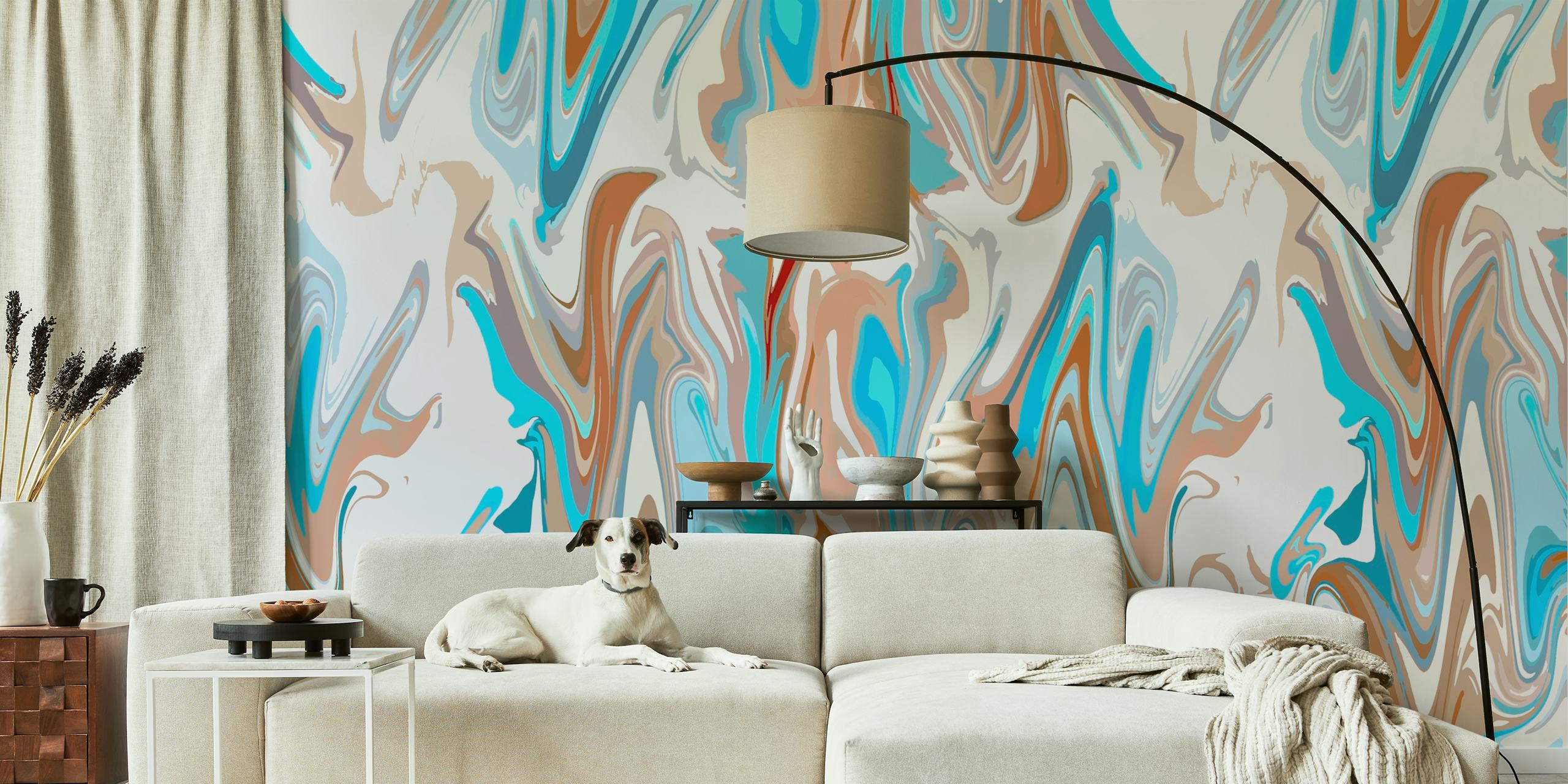 Papier peint mural à motif tie-dye abstrait avec des tourbillons bleus, crème et rouges
