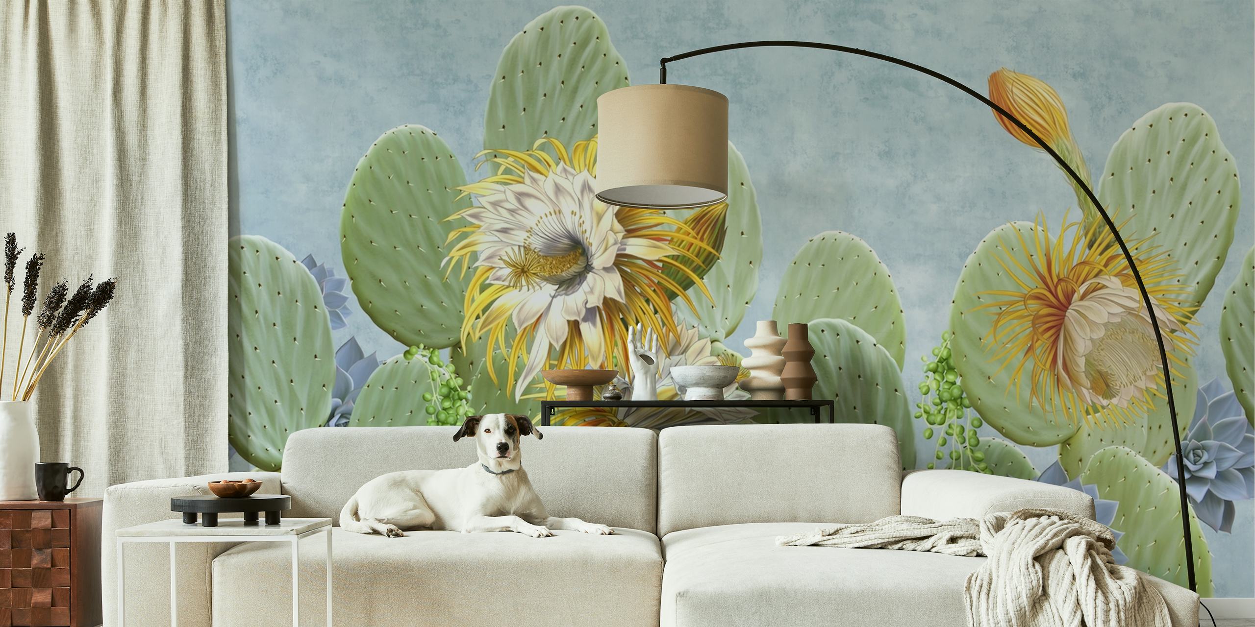 Green cacti with yellow flowers and blue background wallpaper