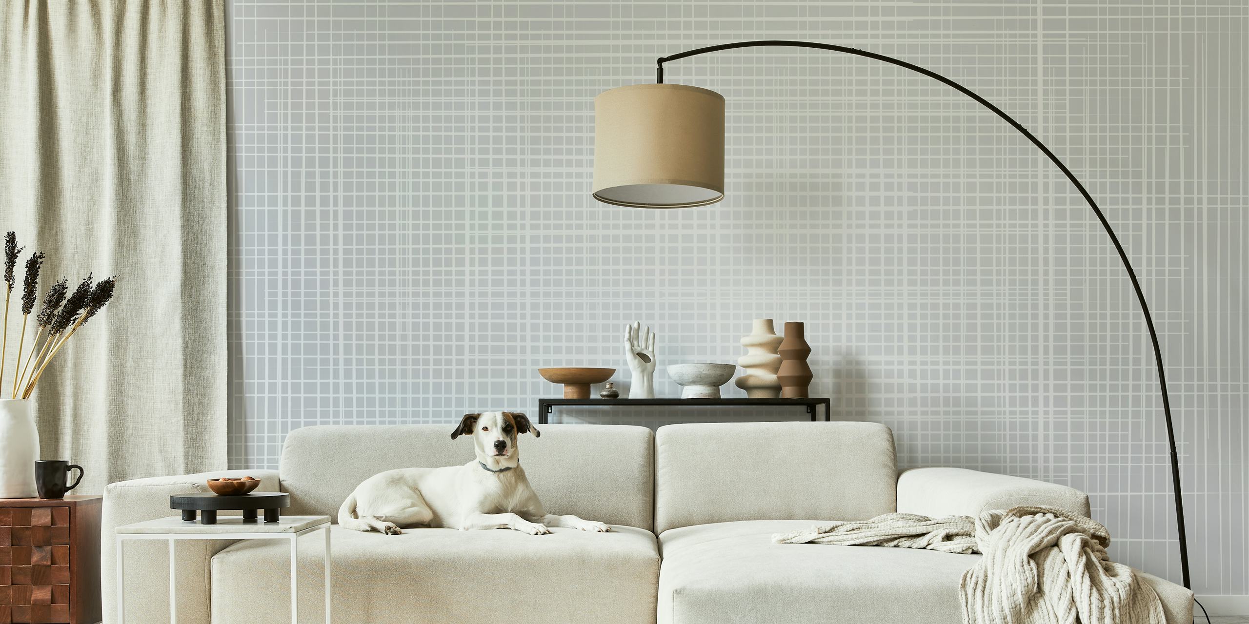 Geometric lines in white pattern on grey wallpaper