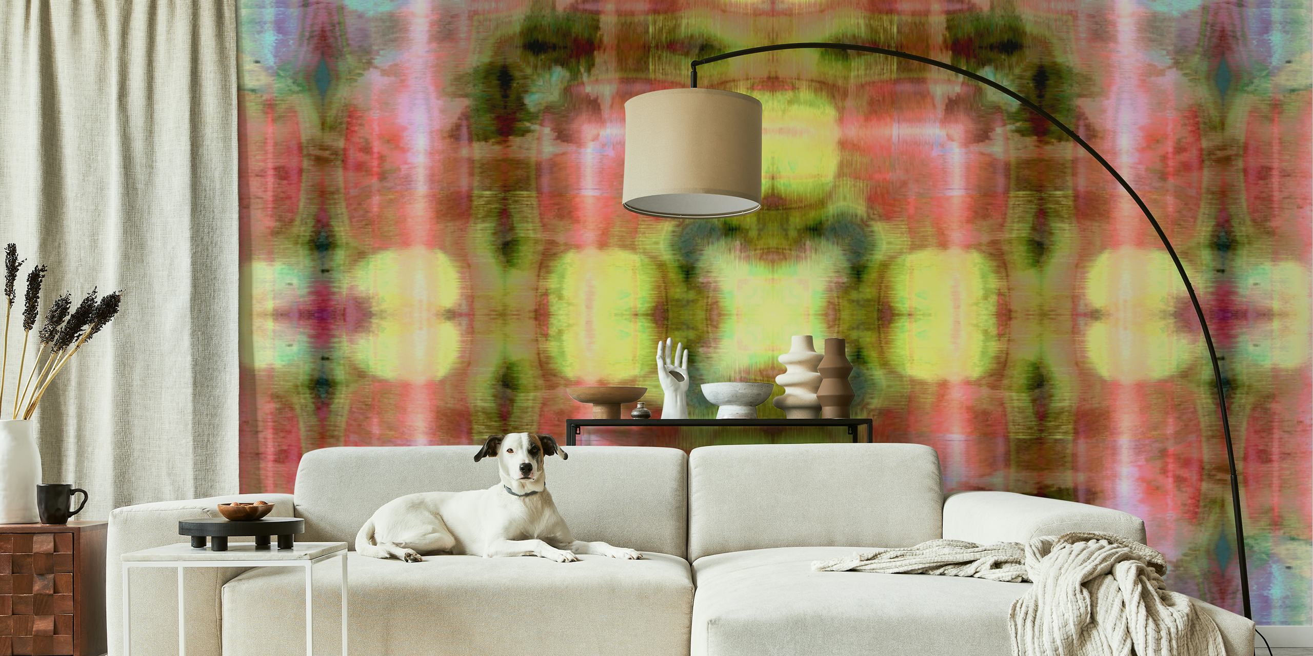 Colorful tie dye pattern with pink, yellow, and green hues wallpaper