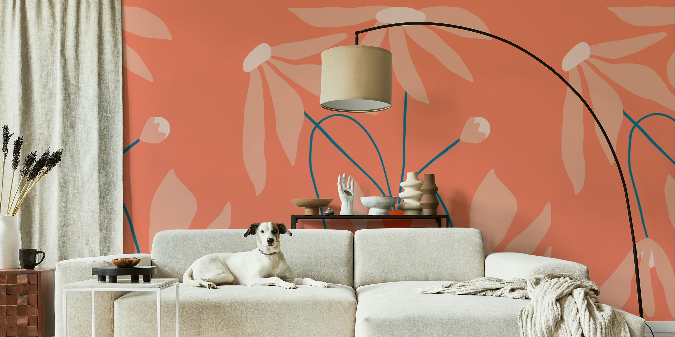 Large mid century floral pattern with earthy tones and a vase wallpaper