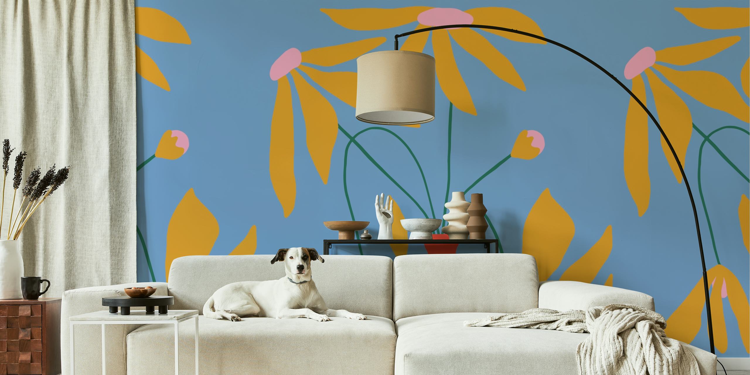 Colorful floral design with yellow petals and pink accents on blue wallpaper