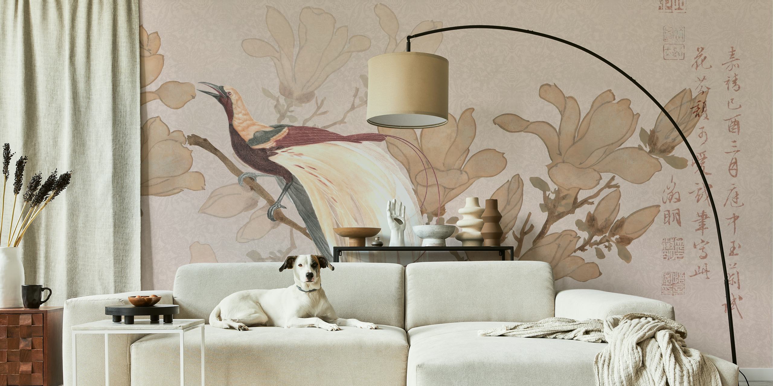 Bird of Paradise with soft floral designs in muted colors on wallpaper