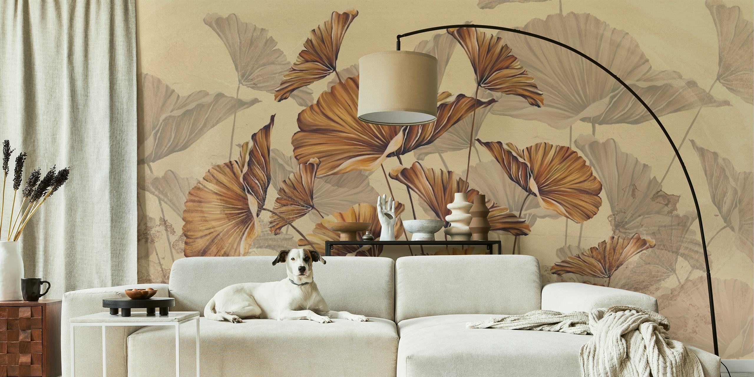 Beige floral wallpaper with golden leaves design