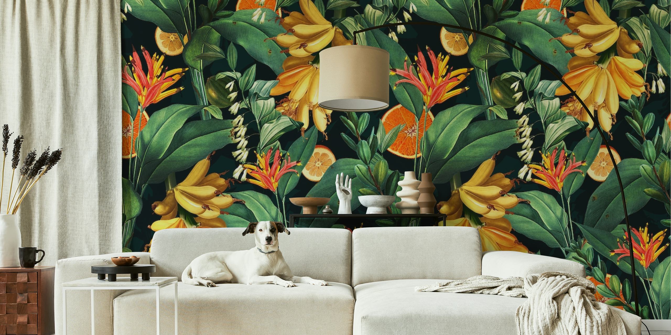 Tropical Orange Garden wall mural with orange flowers and green leaves