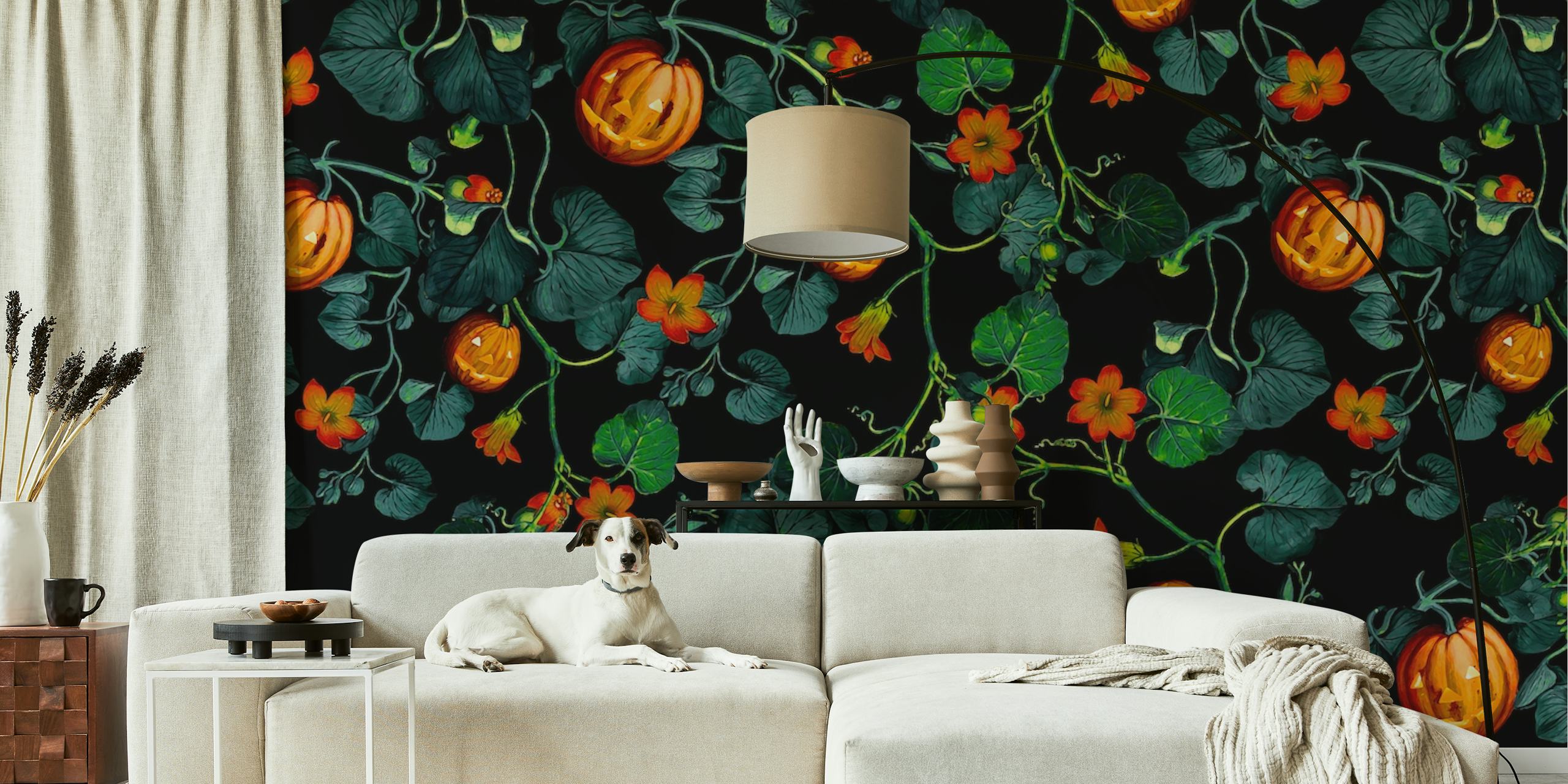 Pumpkins and flowers on black background wallpaper