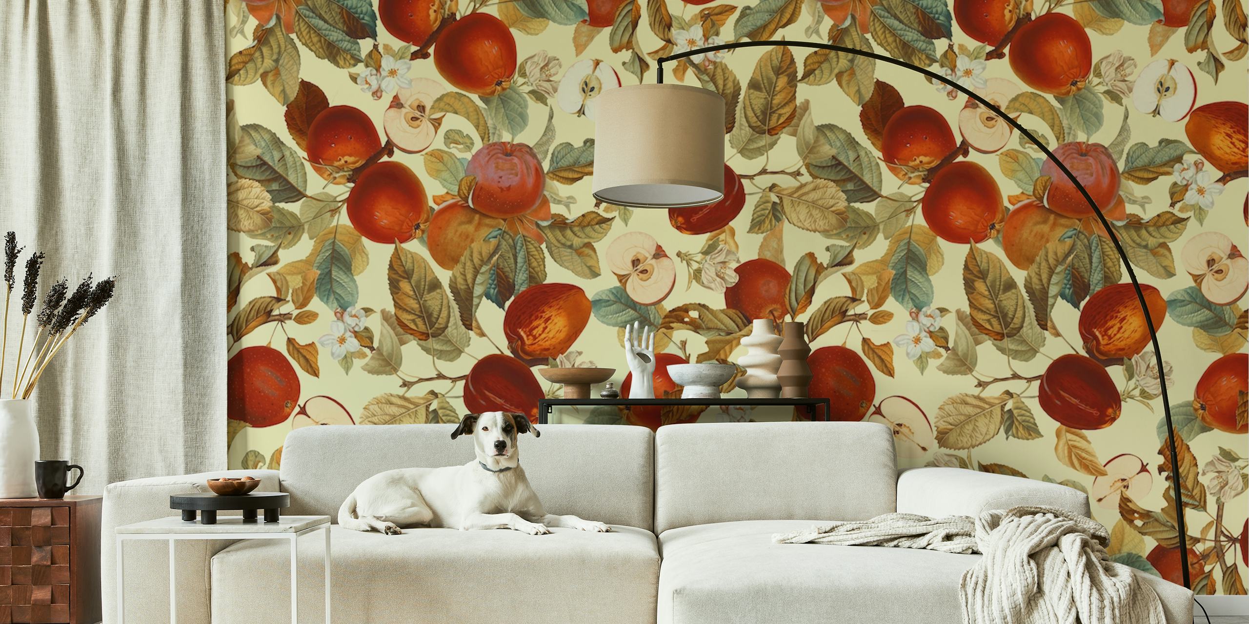 Vintage fruit and floral pattern showcasing red apples and green leaves wallpaper