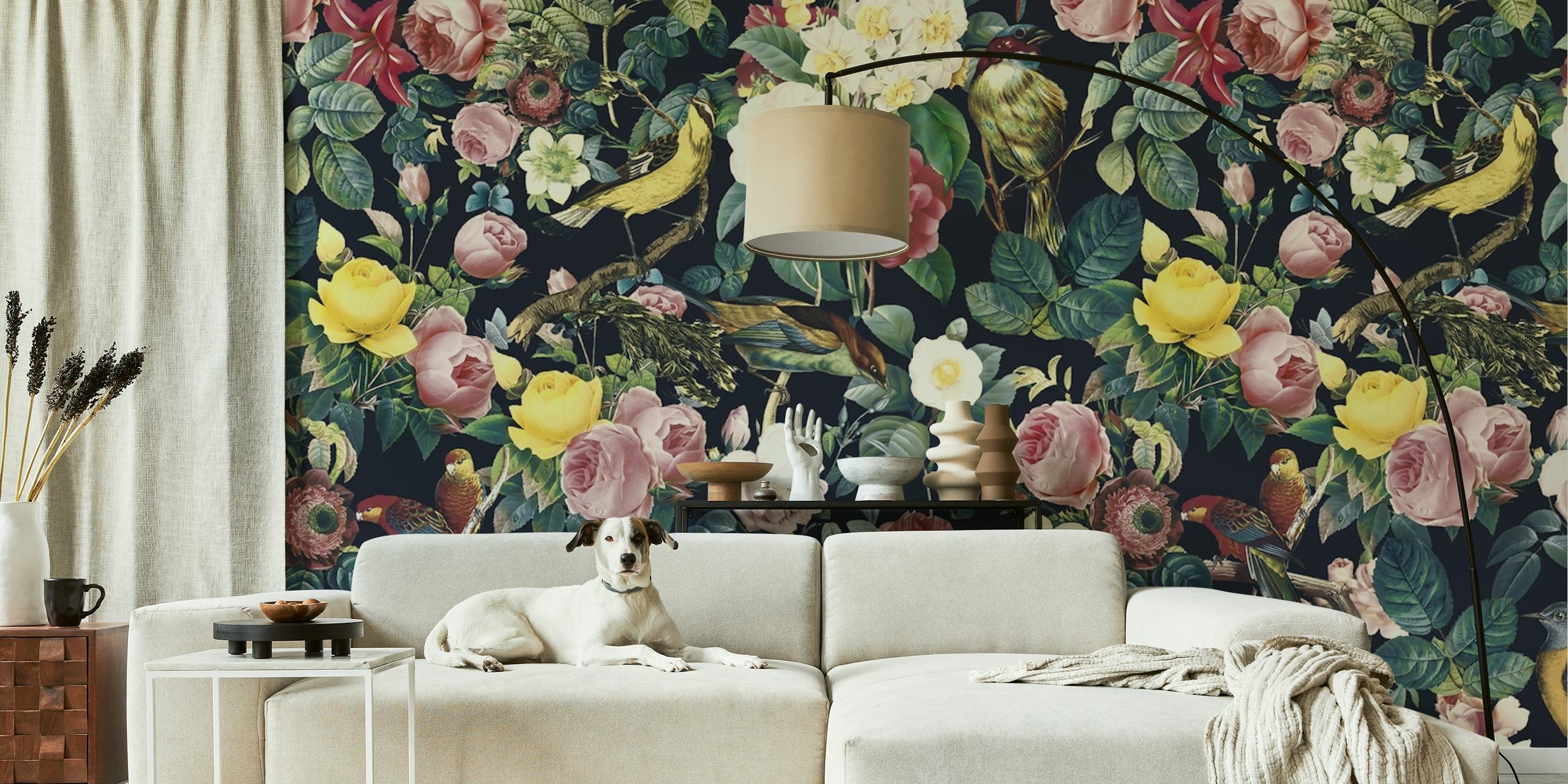 Floral and birds wallpaper displayed in a room
