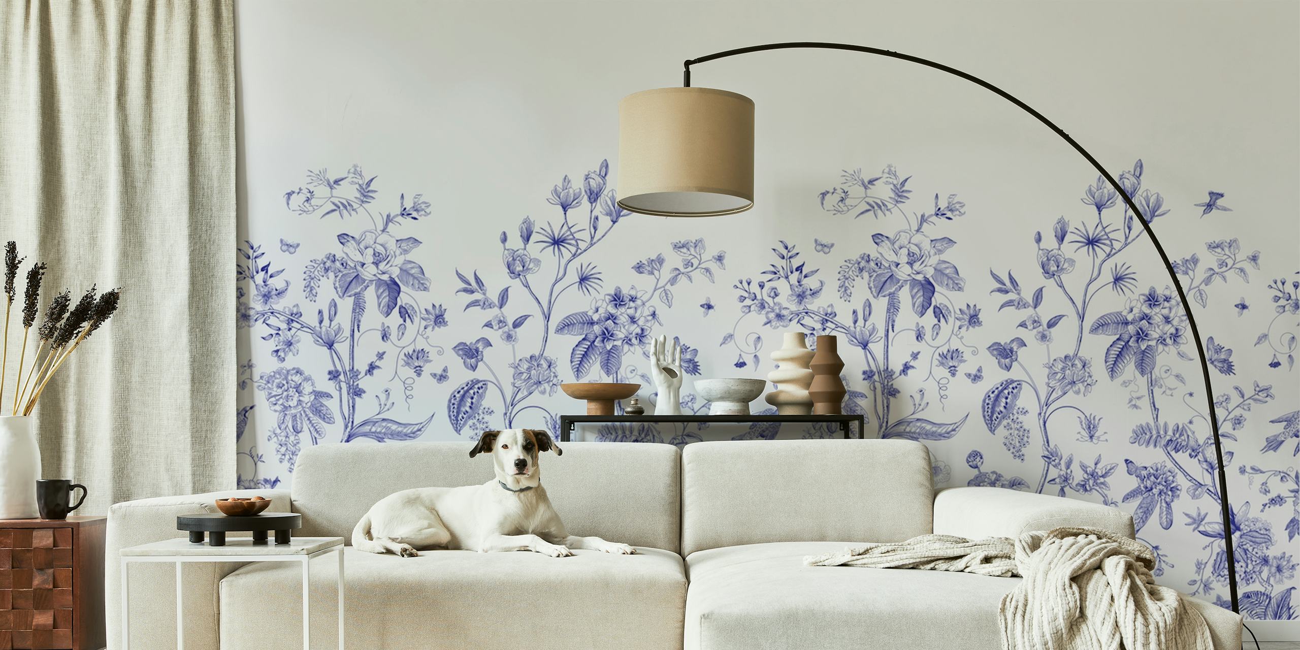 Elementi di design orientale e botanico nella carta da parati removibile Blue Chinoiserie