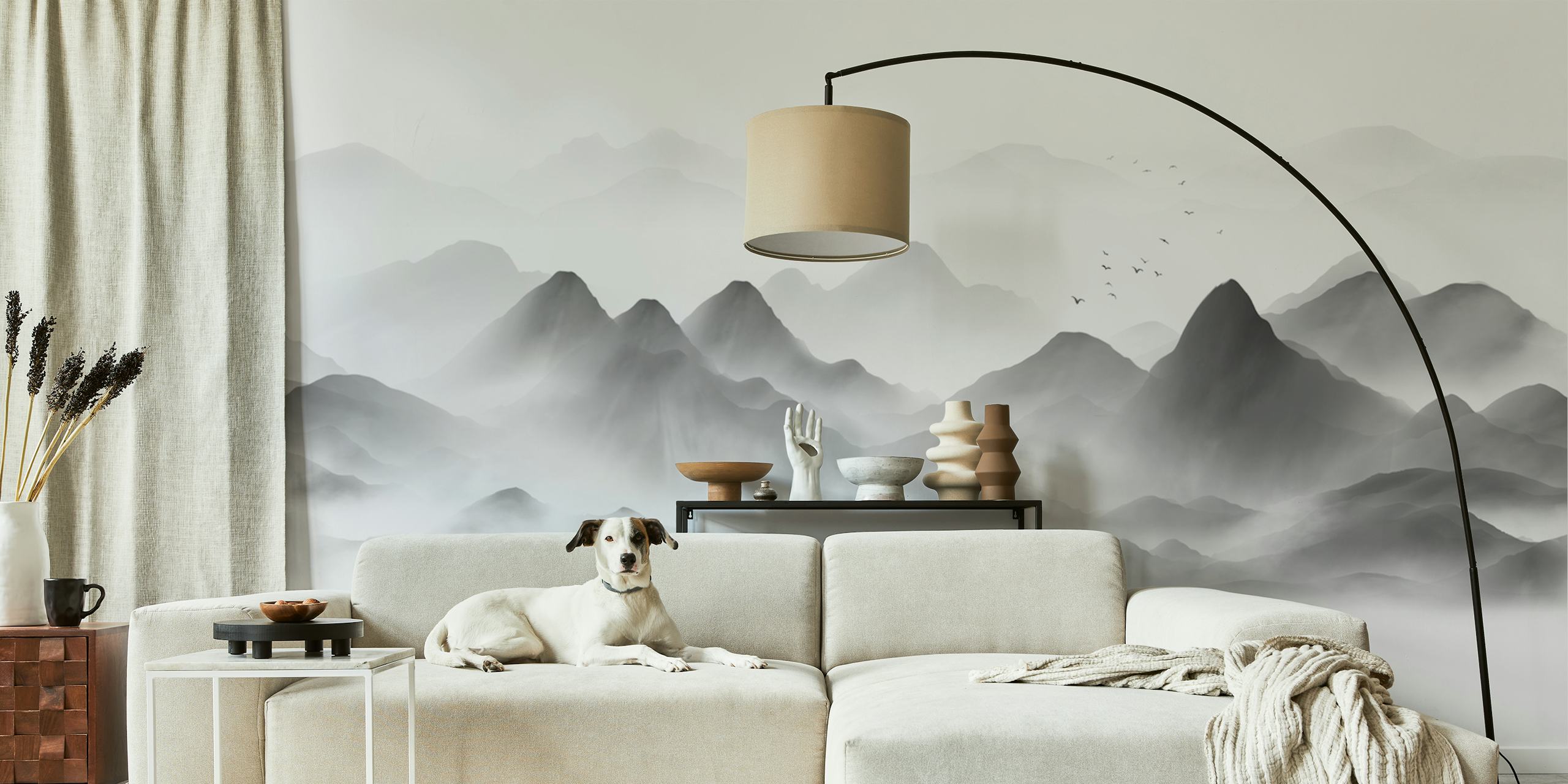 Chinese style landscape wallpaper in a room