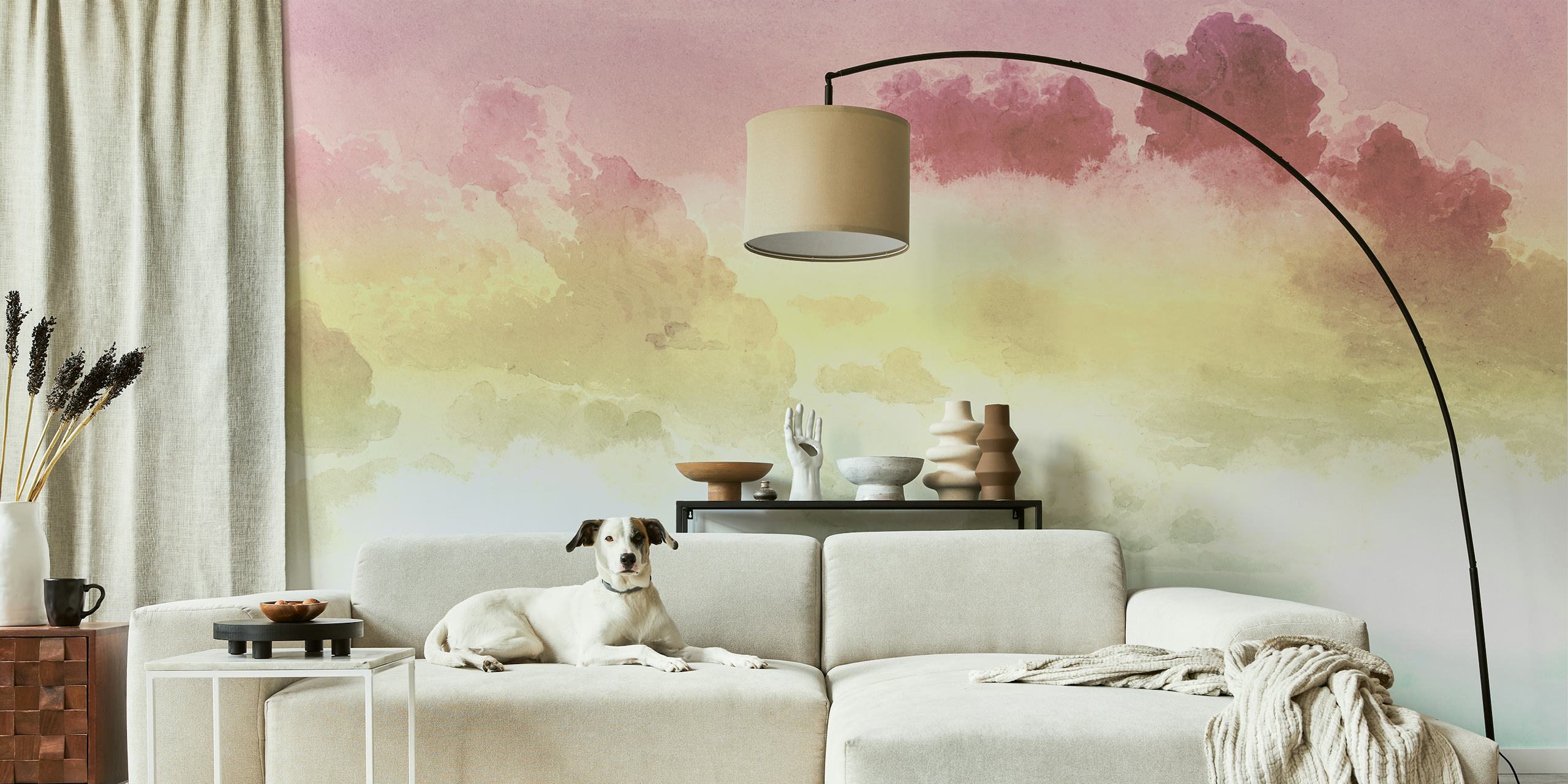 Pastel Rainbow Clouds behang getoond in een kamer