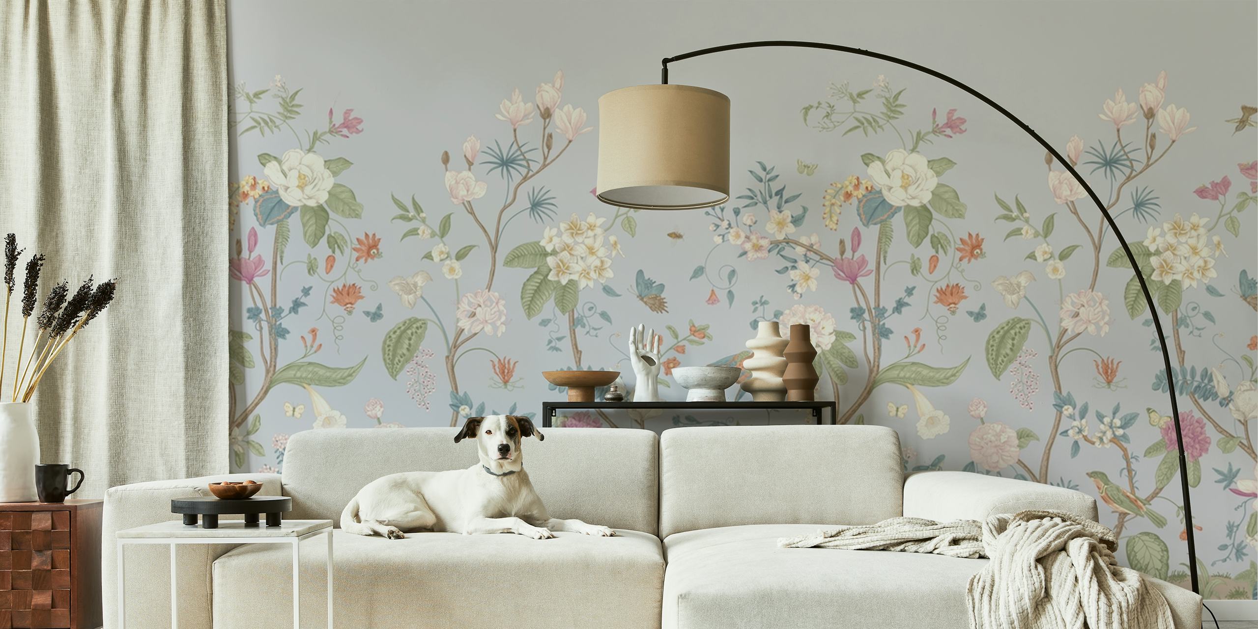 Chinoiserie pastel behang in een kamer