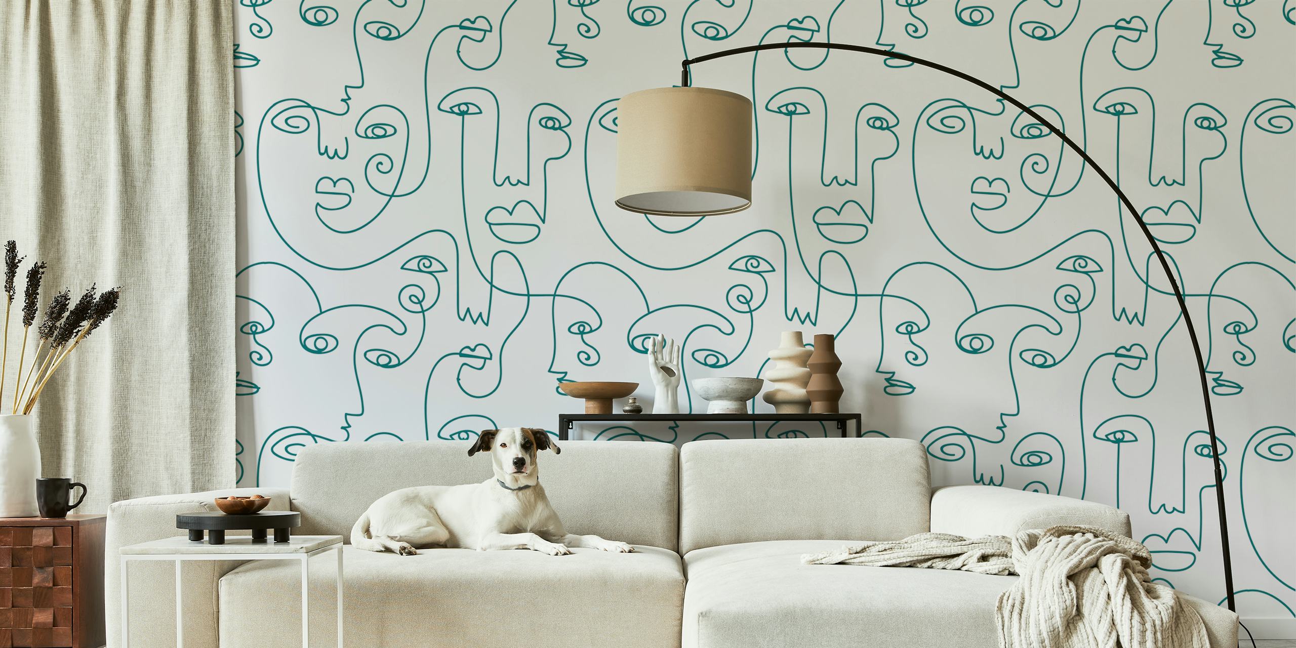 Cyan Picasso Inspired Line Art Papel de parede na Sala
