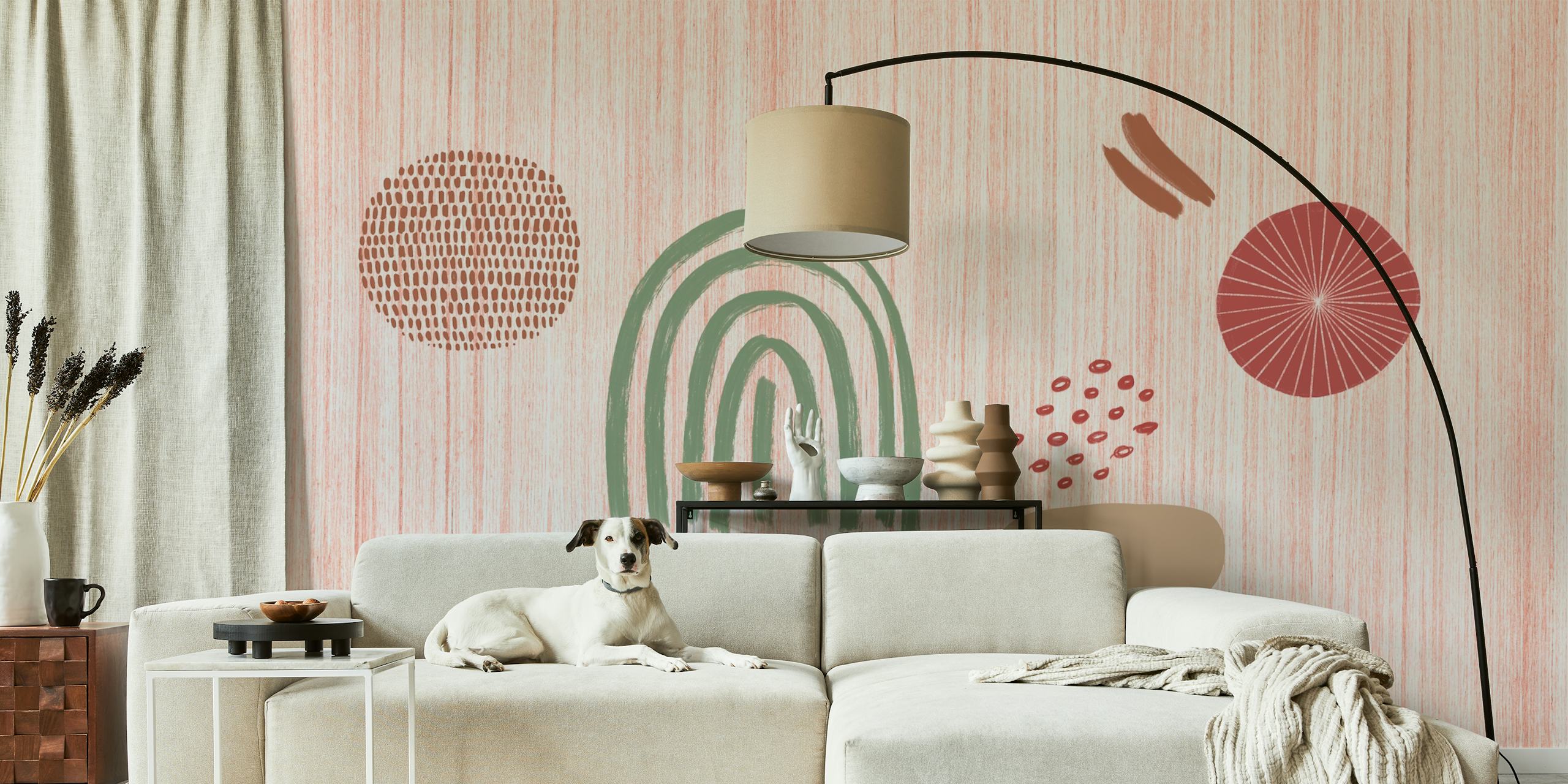 Abstract shapes with warm colors like pink, green, brown, and beige wallpaper