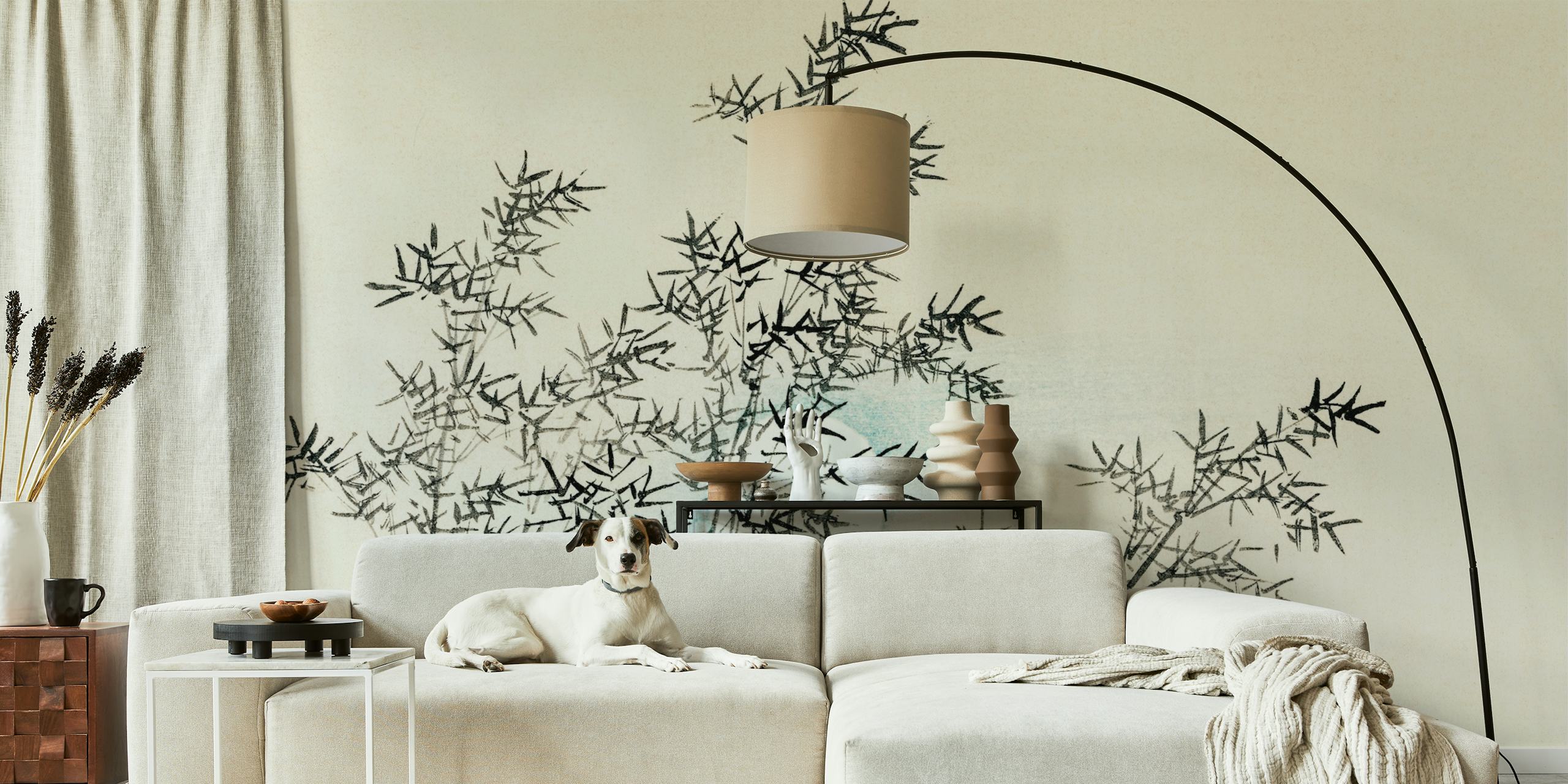 Japoński bambusowy mural w minimalistycznym stylu atramentowym na teksturowanym tle