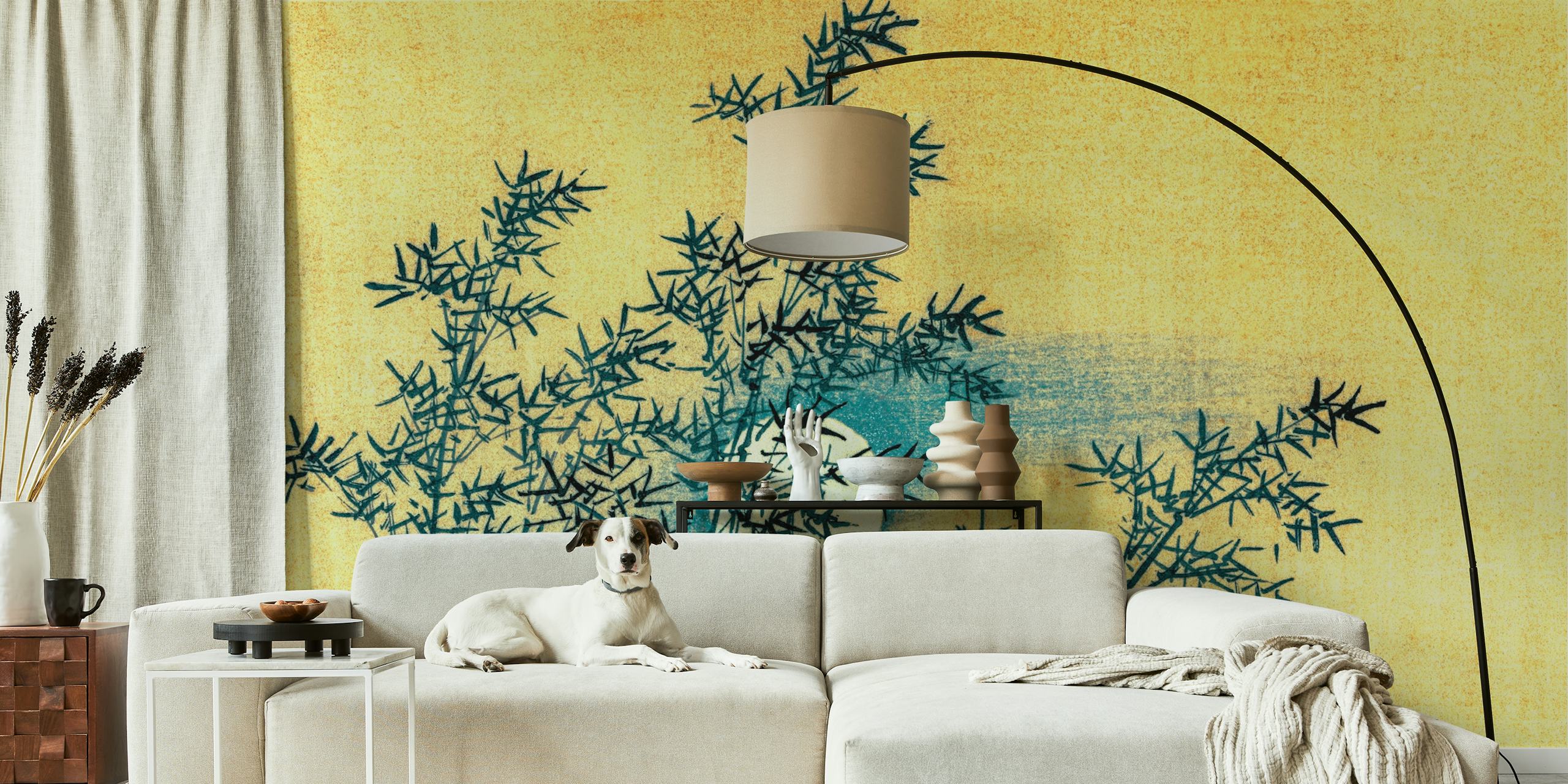Black bamboo silhouettes against golden background wall mural
