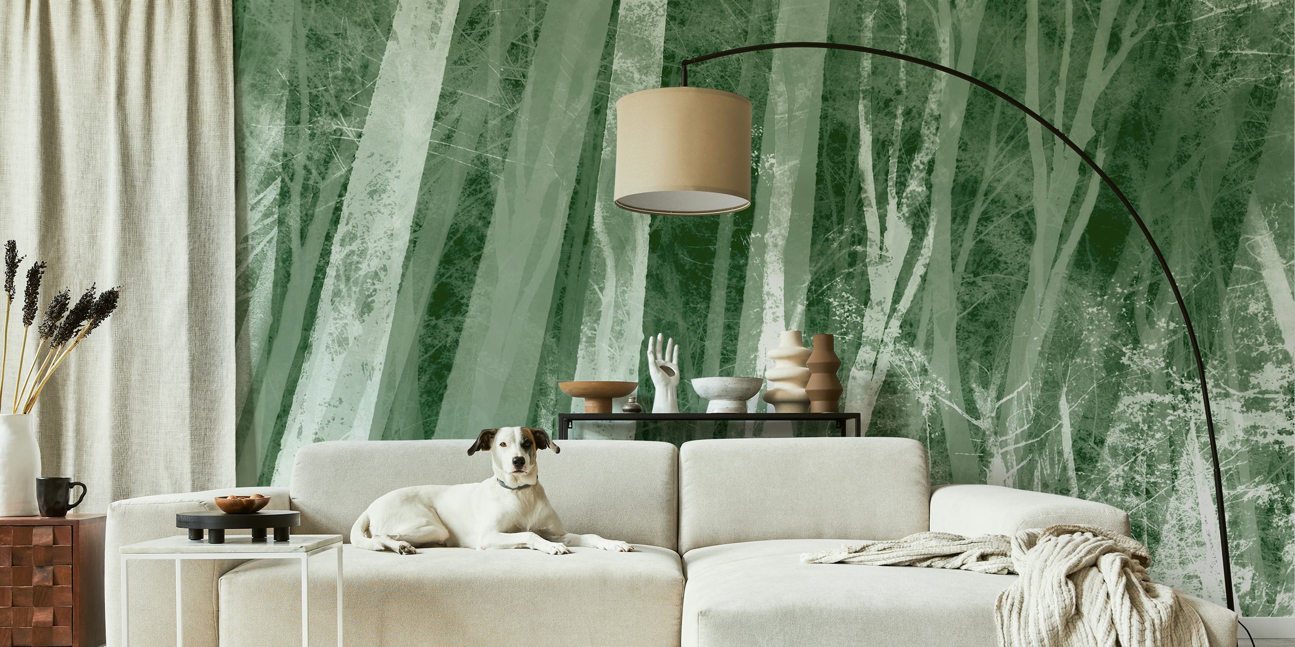 Soft dark green forest wallpaper in a room