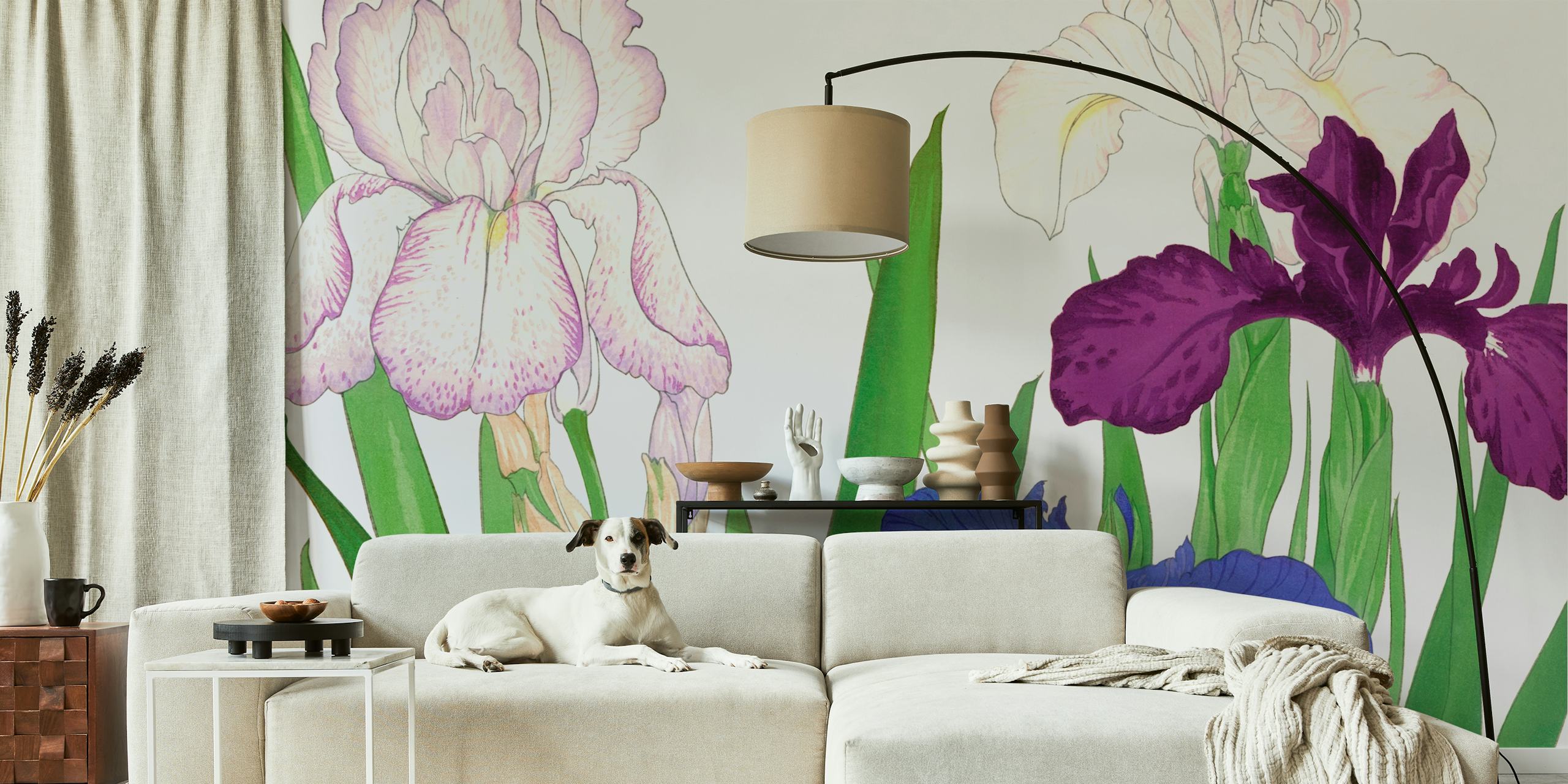 Japanese floral wallpaper with purple and blue irises, green leaves, botanical style