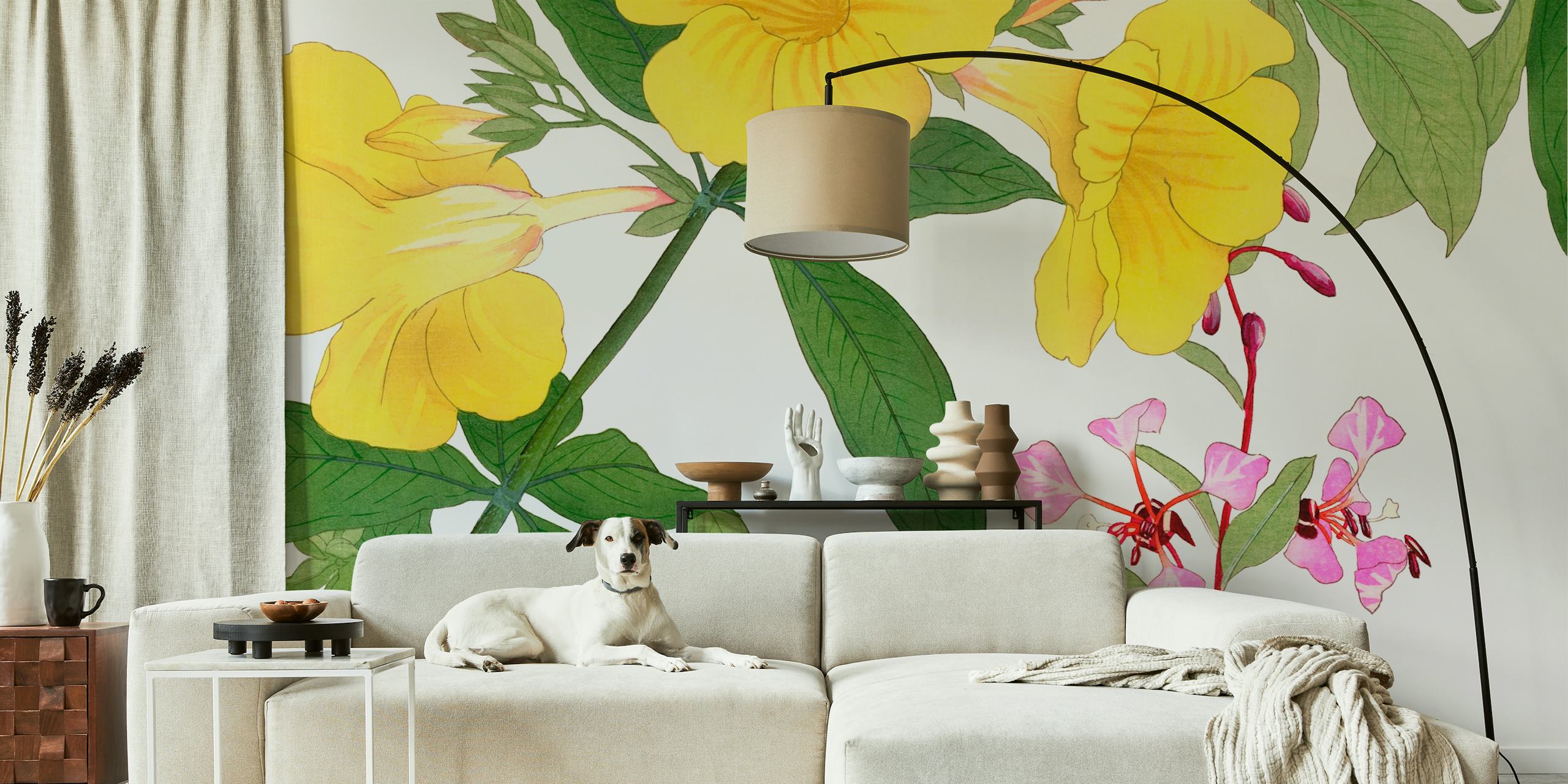 Lush yellow and pink flowers with green leaves on a Japan Summer Floral wall mural