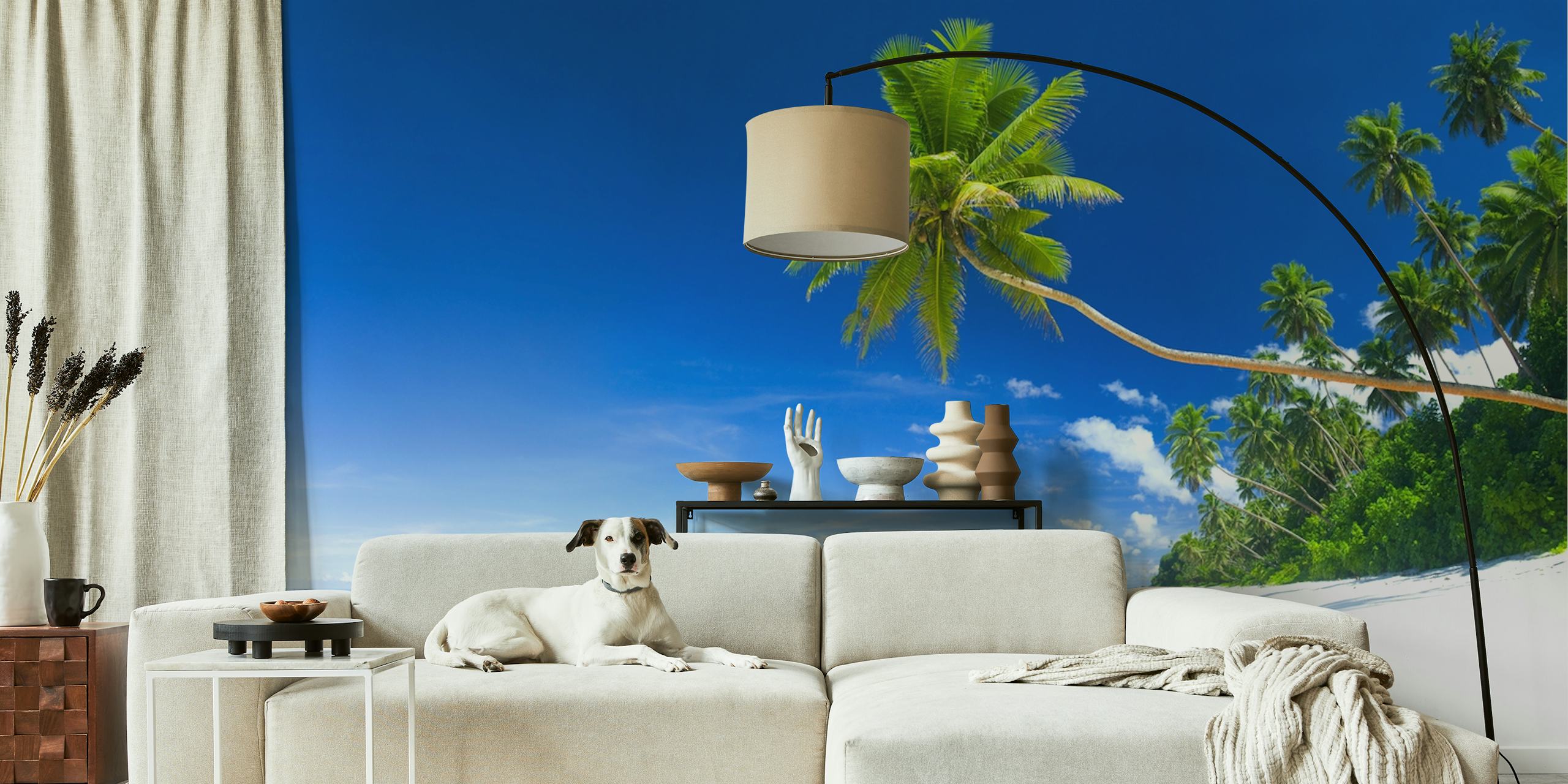 Tropical beach scene with blue sky and palm trees wallpaper