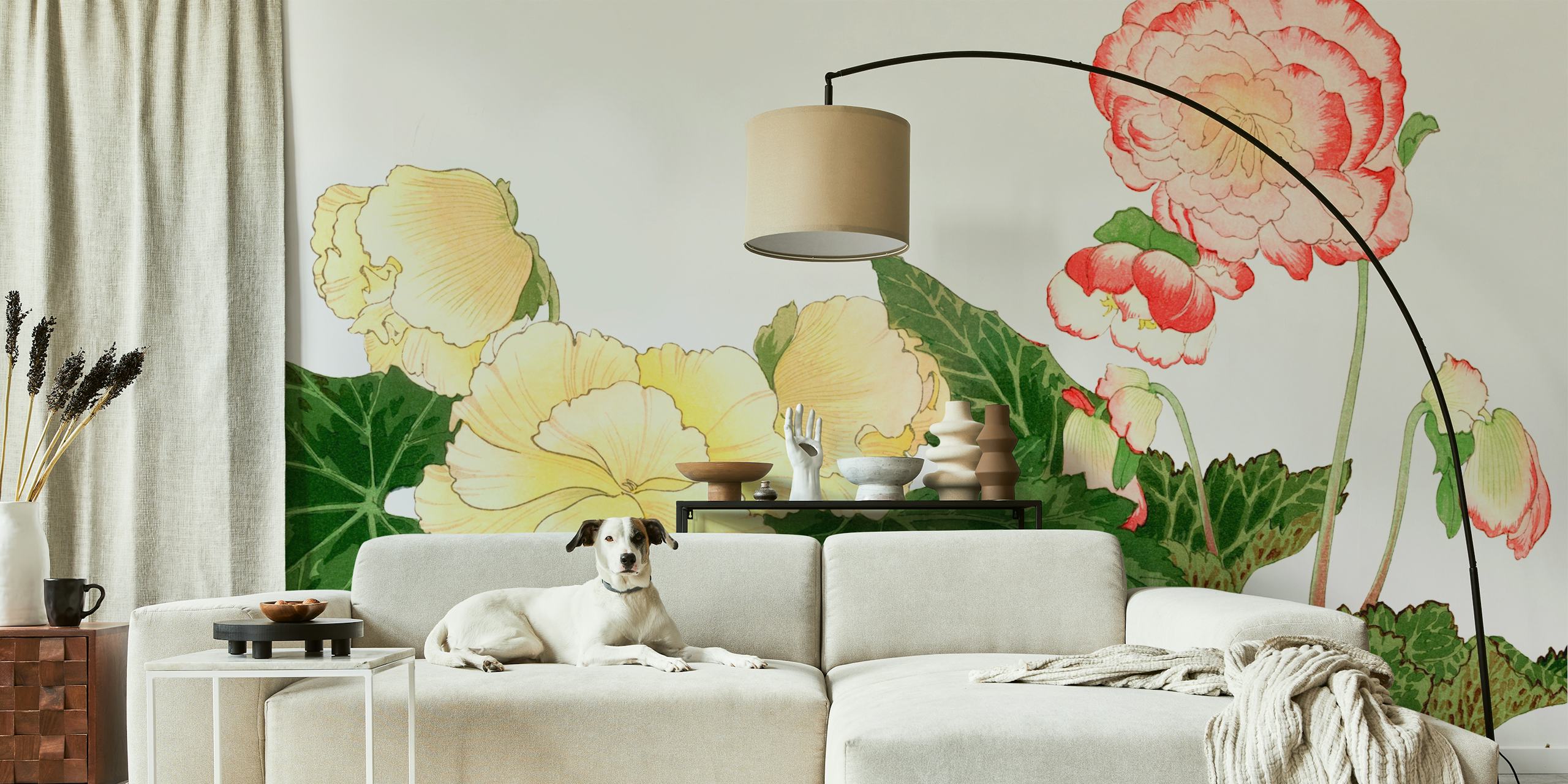 Vintage floral wallpaper featuring pink and yellow flowers with green leaves