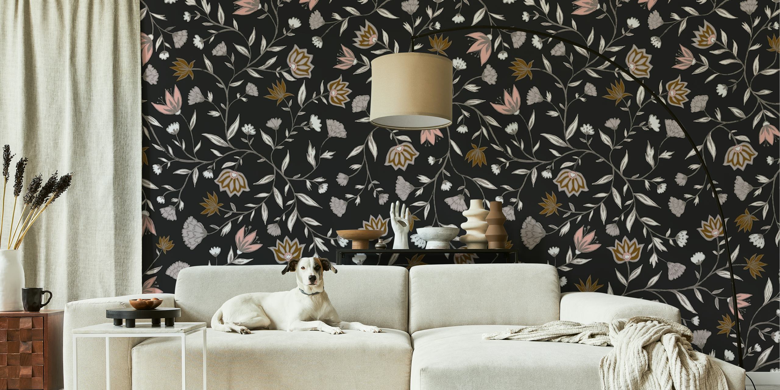 Floral wallpaper with pink and cream flowers on a black background