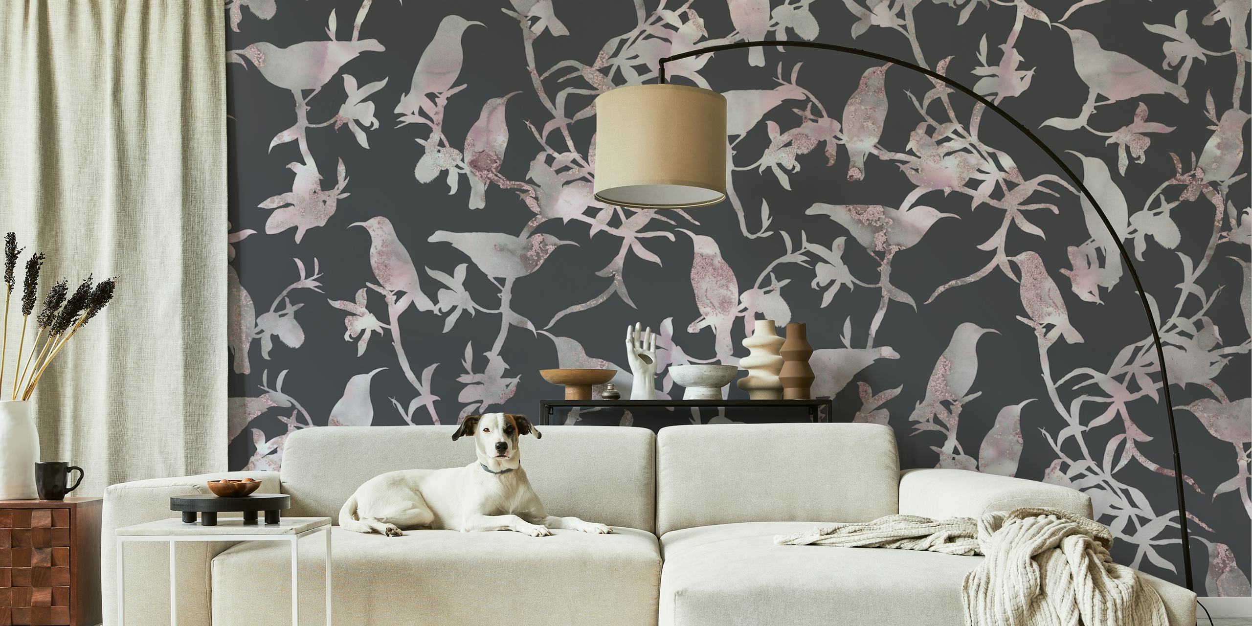 Hummingbirds and floral patterns in soft grey tones wallpaper
