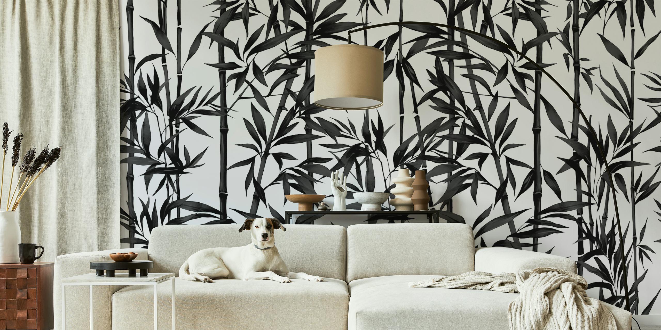 Black and white bamboo leaves and stalks pattern wallpaper