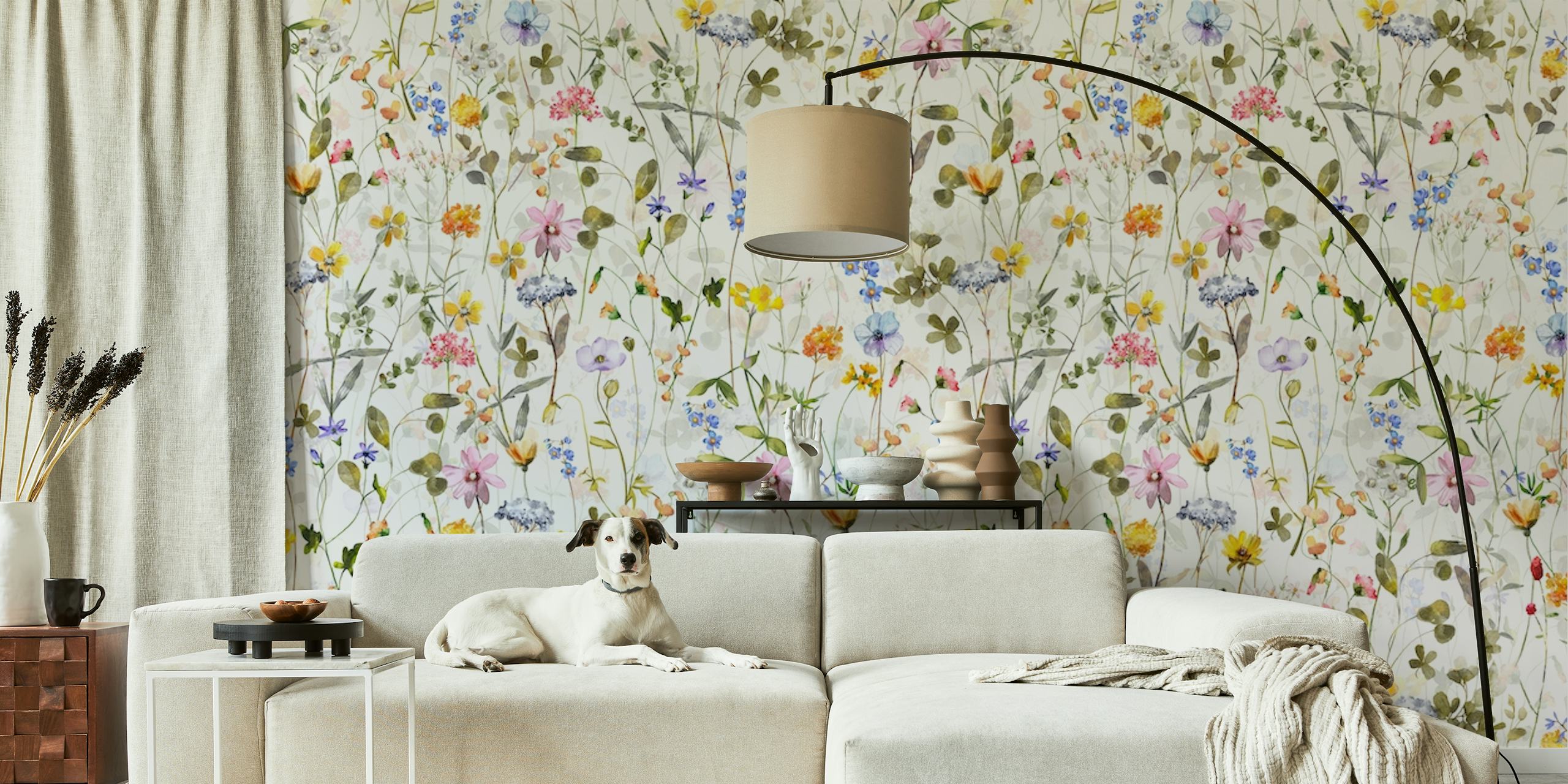 Watercolor floral patterns with multicolored flowers and greenery wallpaper